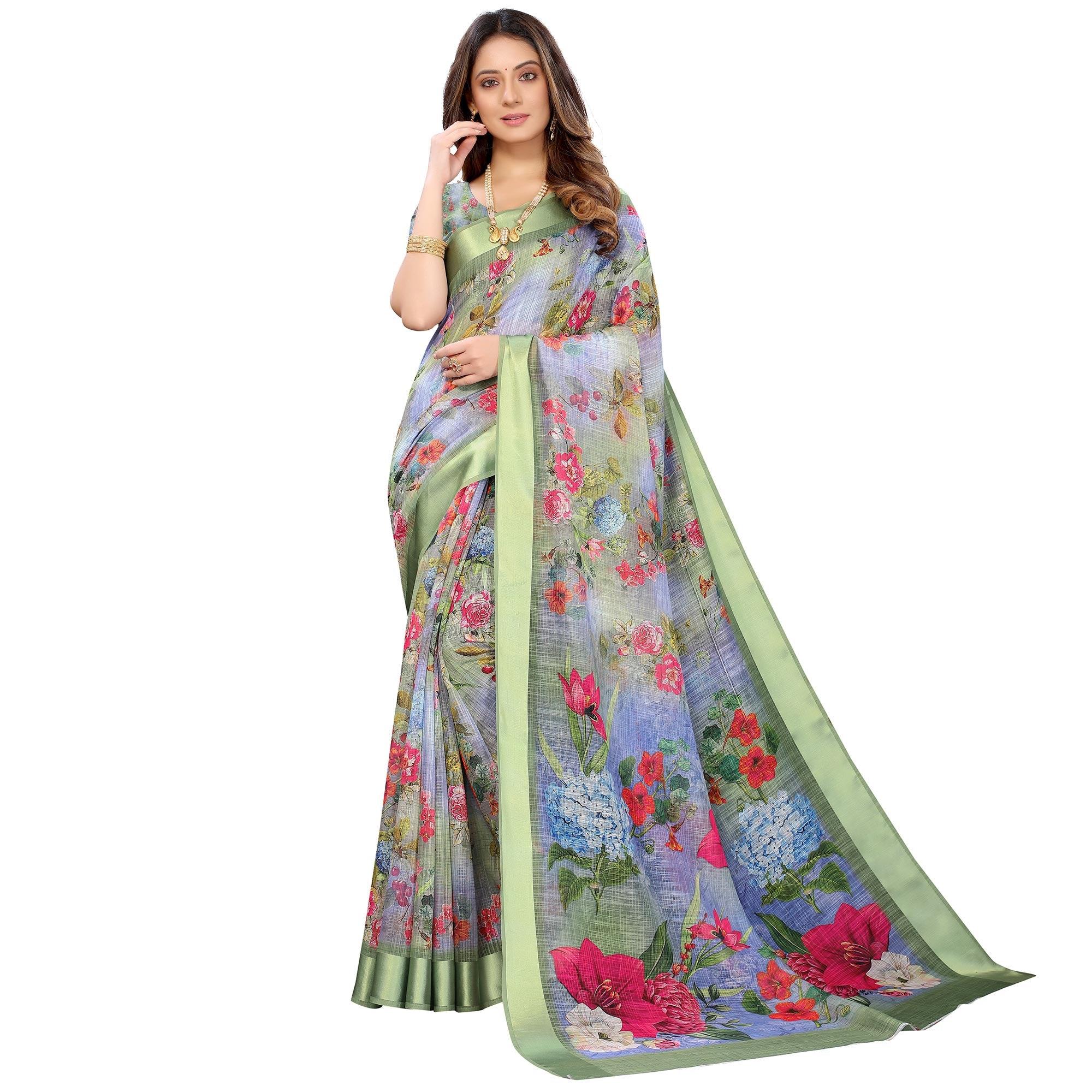 Green-Blue Casual Wear Floral Digital Printed Linen Slub saree - Peachmode