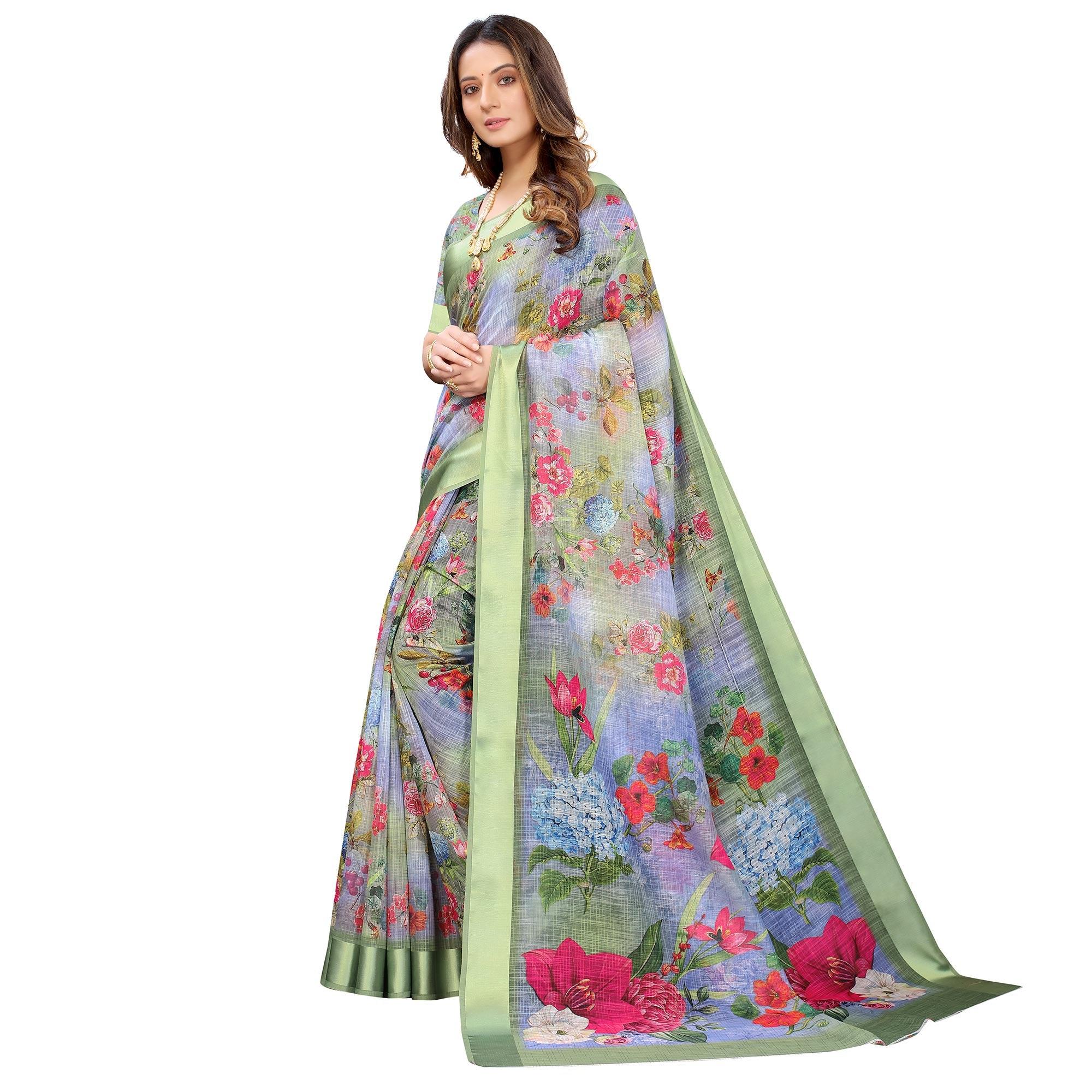 Green-Blue Casual Wear Floral Digital Printed Linen Slub saree - Peachmode