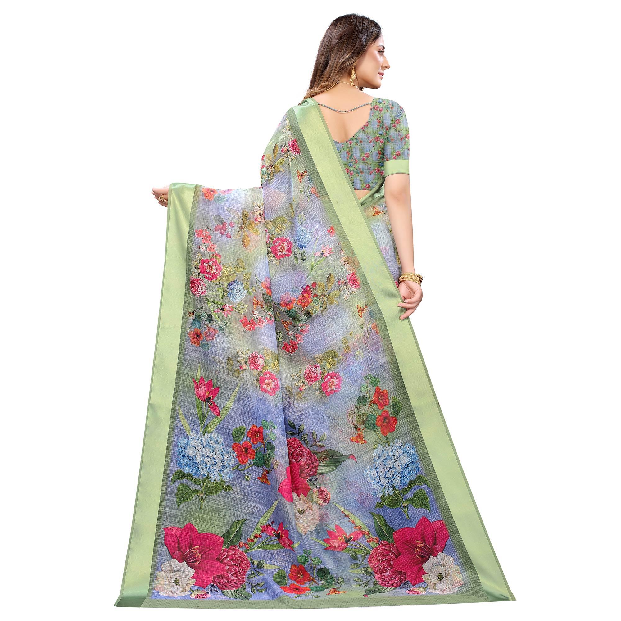 Green-Blue Casual Wear Floral Digital Printed Linen Slub saree - Peachmode