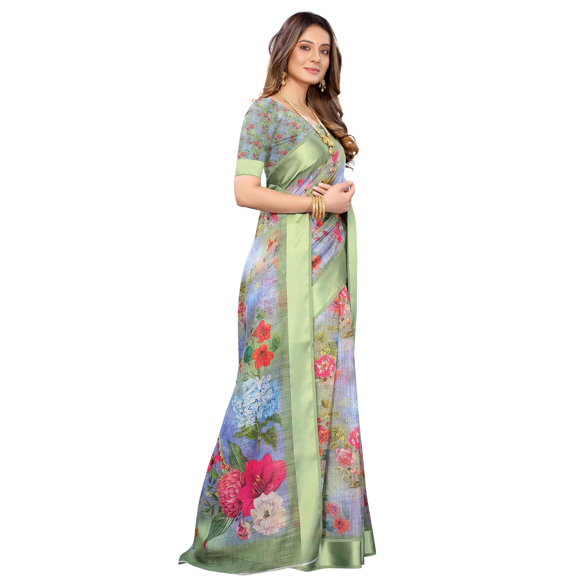 Green-Blue Casual Wear Floral Digital Printed Linen Slub saree - Peachmode