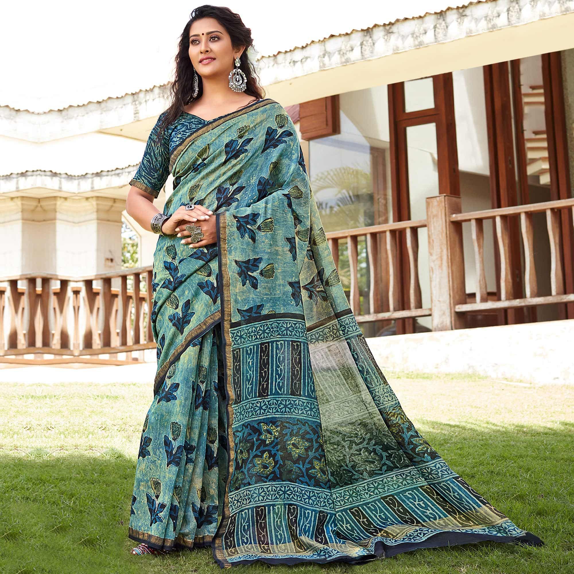 Green - Blue Casual Wear Printed Cotton Saree - Peachmode