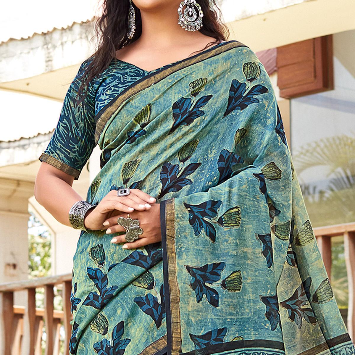 Green - Blue Casual Wear Printed Cotton Saree - Peachmode