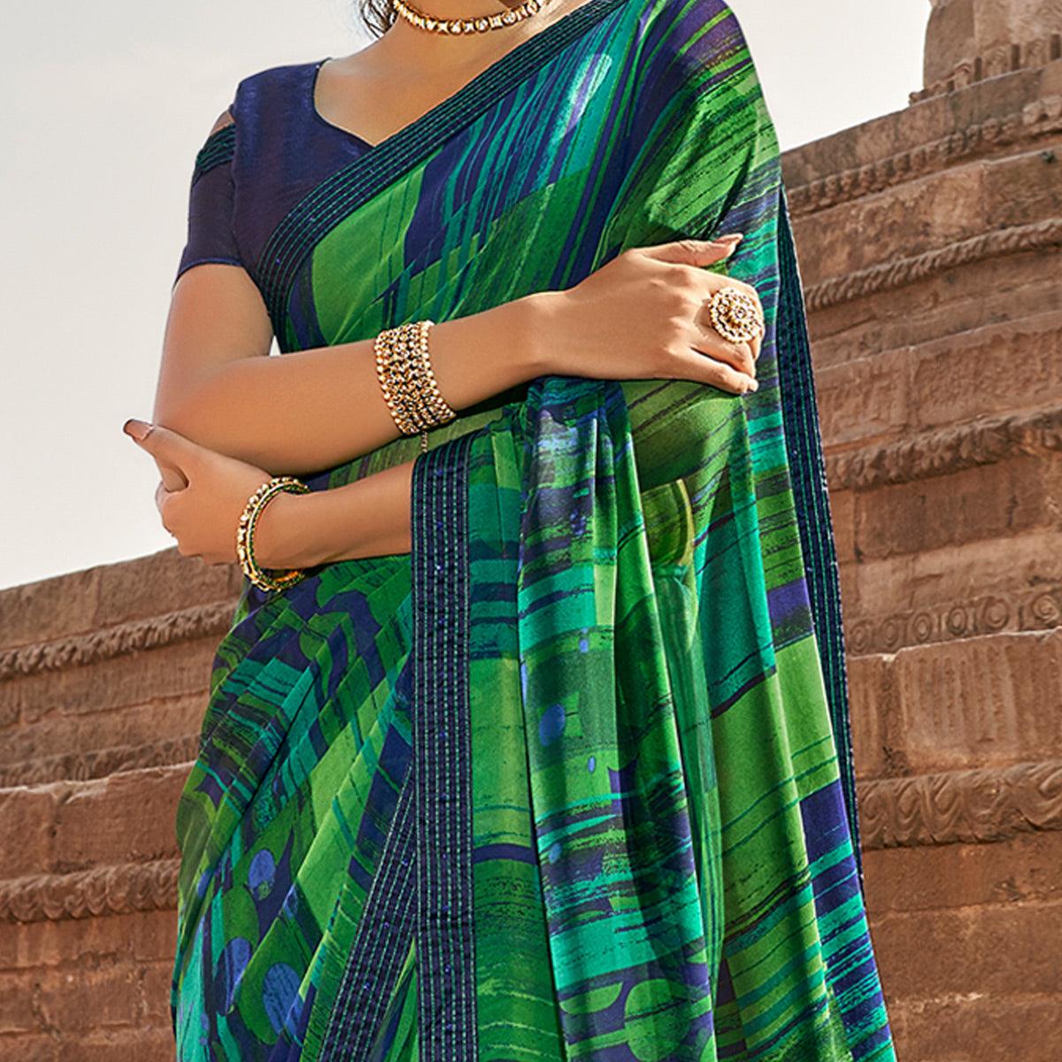 Green-Blue Casual Wear Printed Georgette Saree With Fancy Lace - Peachmode
