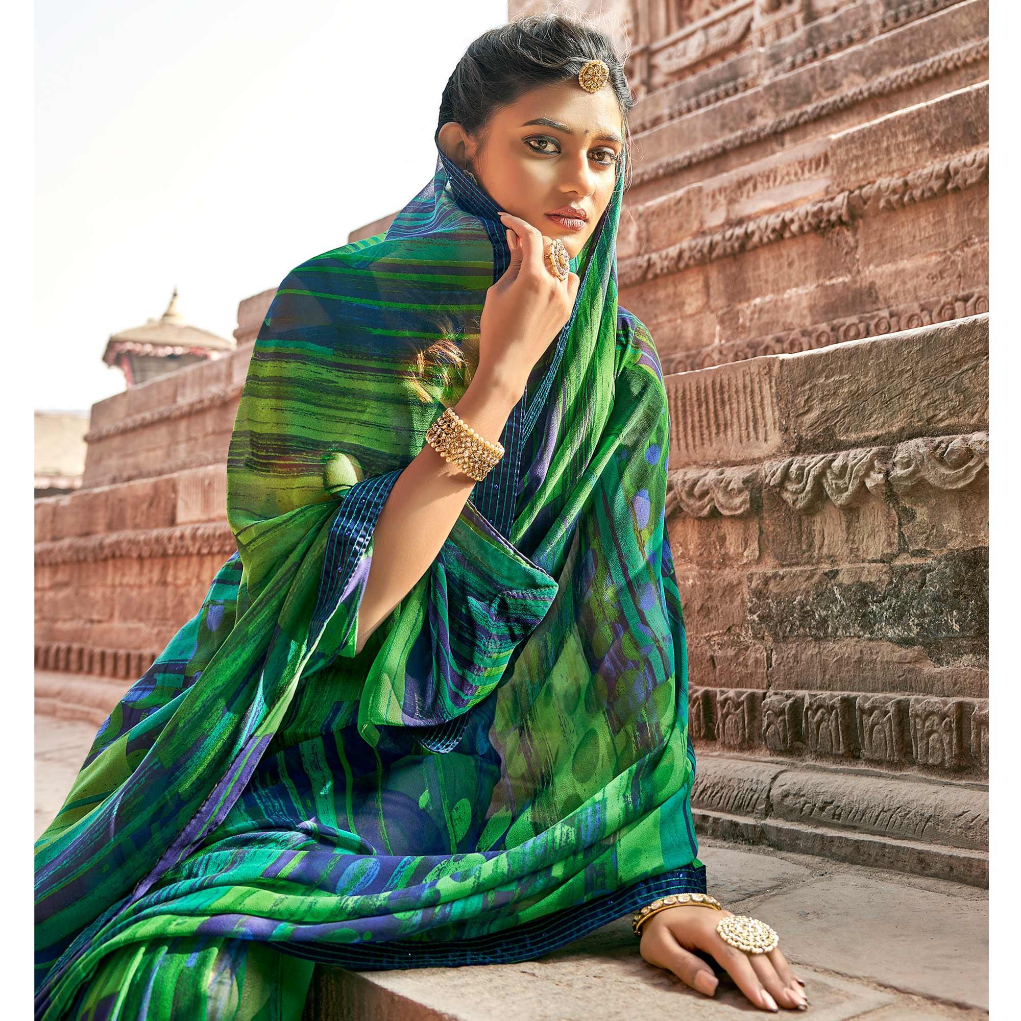 Green-Blue Casual Wear Printed Georgette Saree With Fancy Lace - Peachmode