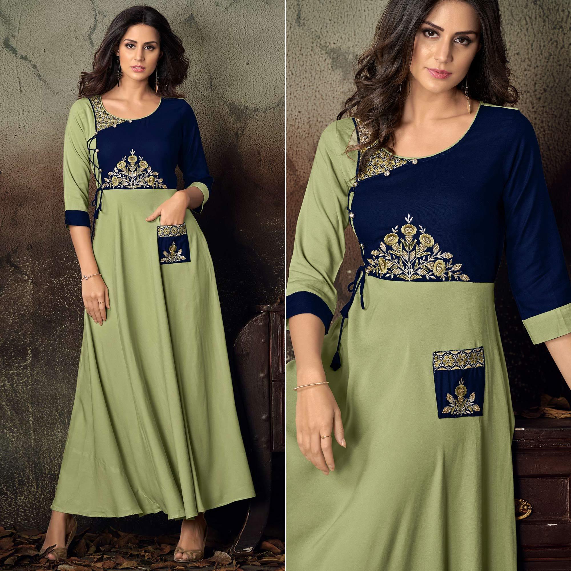 Green-Blue Floral Embroidered Rayon Kurti - Peachmode