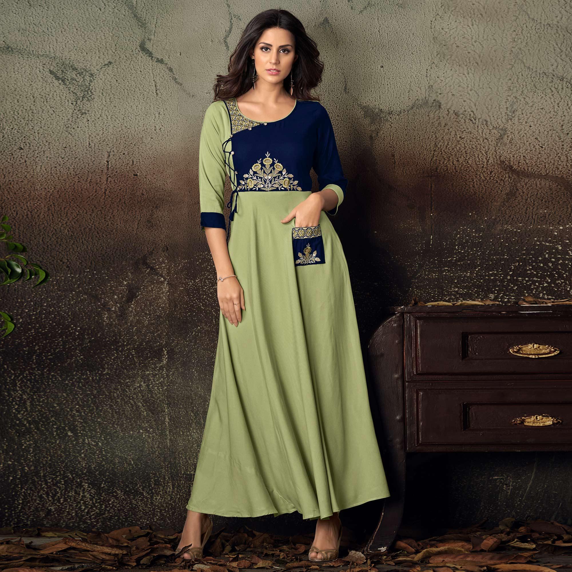 Green-Blue Floral Embroidered Rayon Kurti - Peachmode