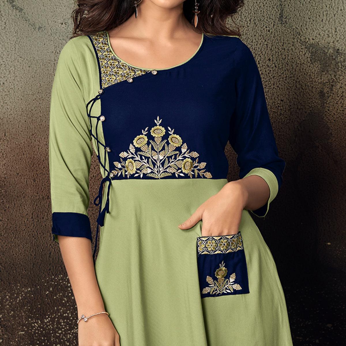 Green-Blue Floral Embroidered Rayon Kurti - Peachmode