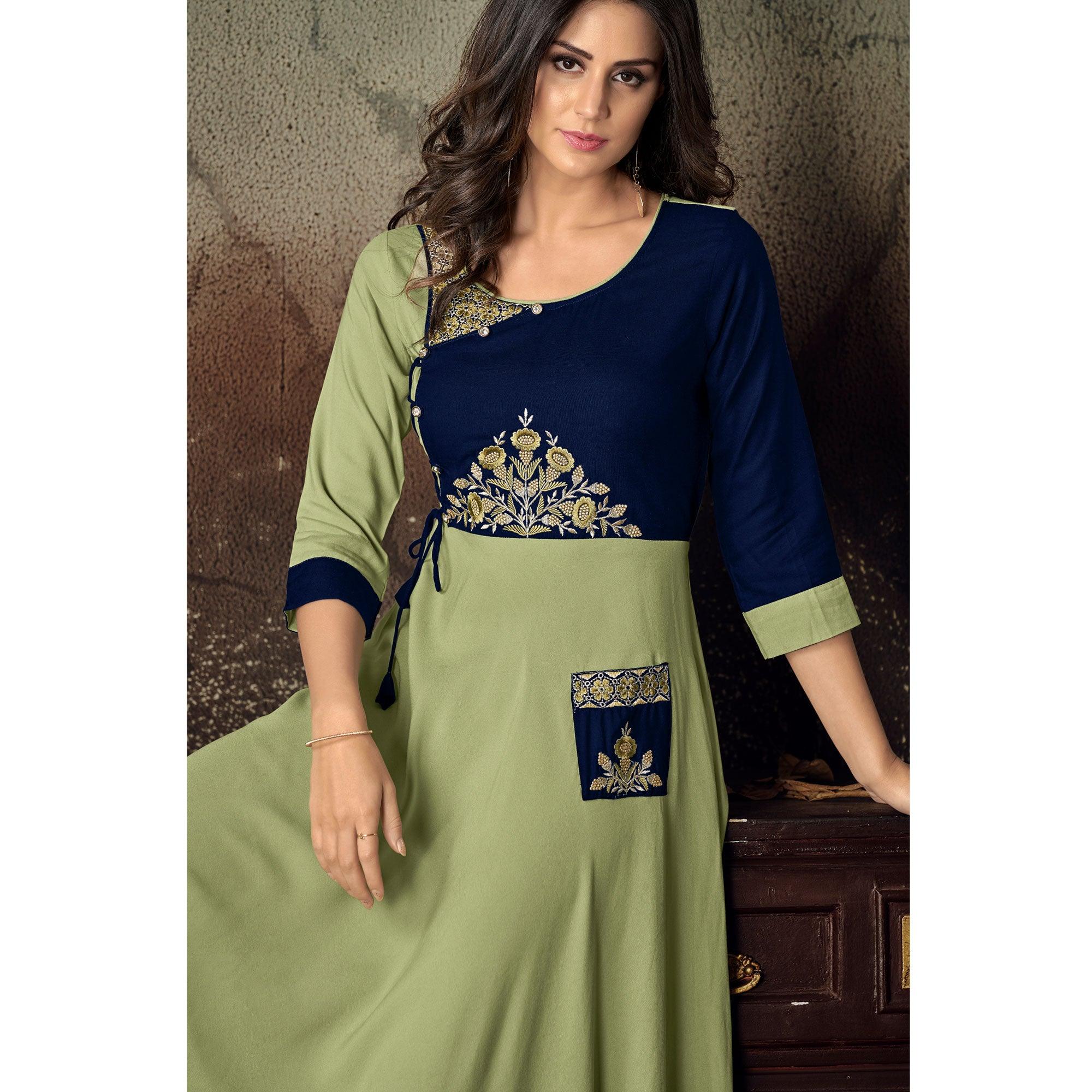Green-Blue Floral Embroidered Rayon Kurti - Peachmode