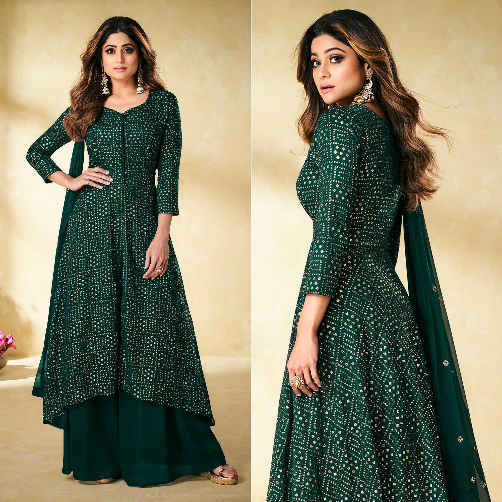 Green Blue Partywear Embellished With Embroidered Georgette Palazzo Suit - Peachmode