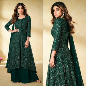 Green Blue Partywear Embellished With Embroidered Georgette Palazzo Suit - Peachmode