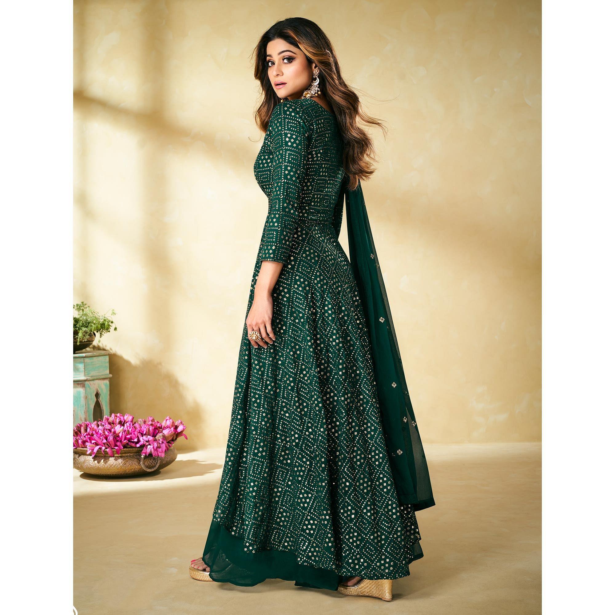 Green Blue Partywear Embellished With Embroidered Georgette Palazzo Suit - Peachmode