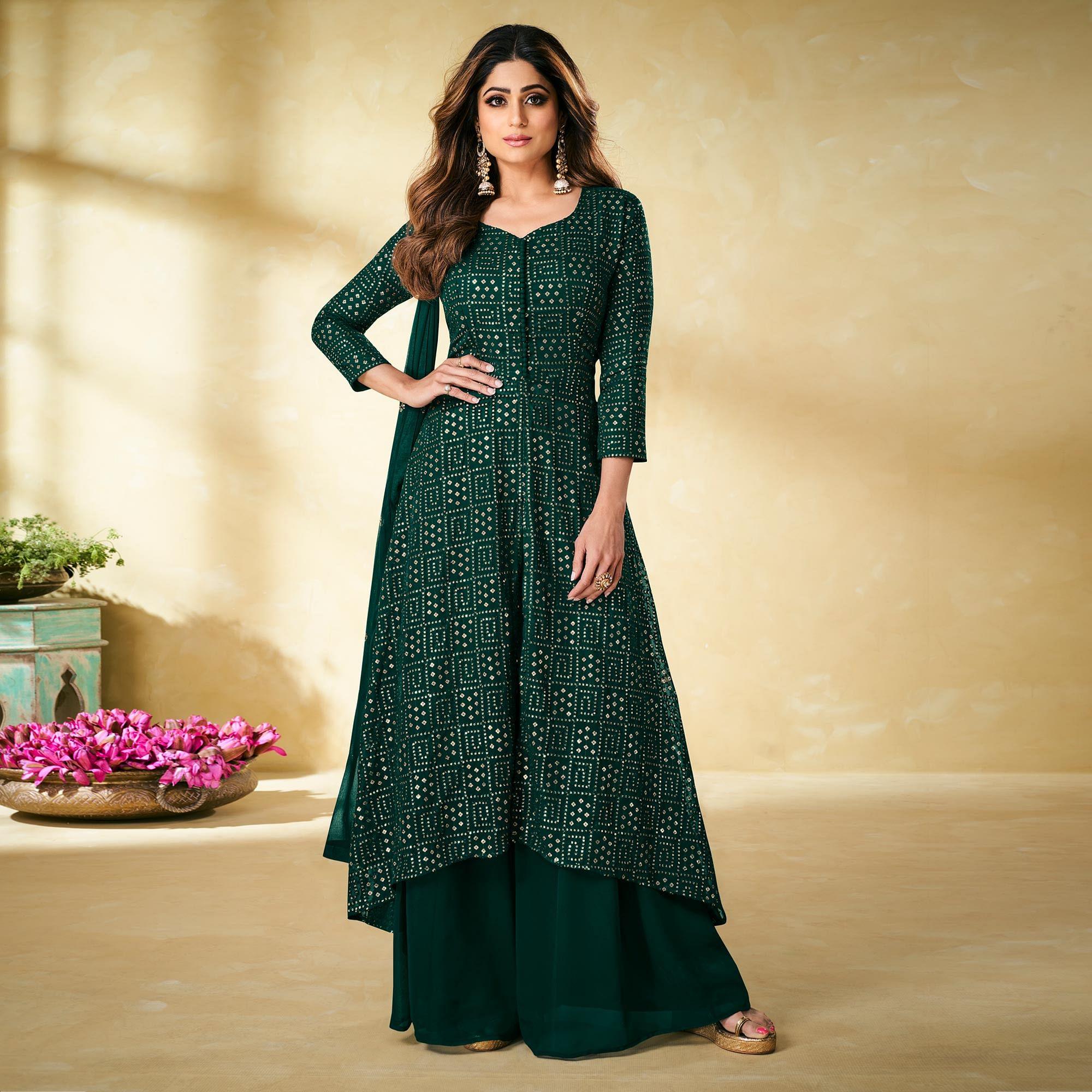 Green Blue Partywear Embellished With Embroidered Georgette Palazzo Suit - Peachmode