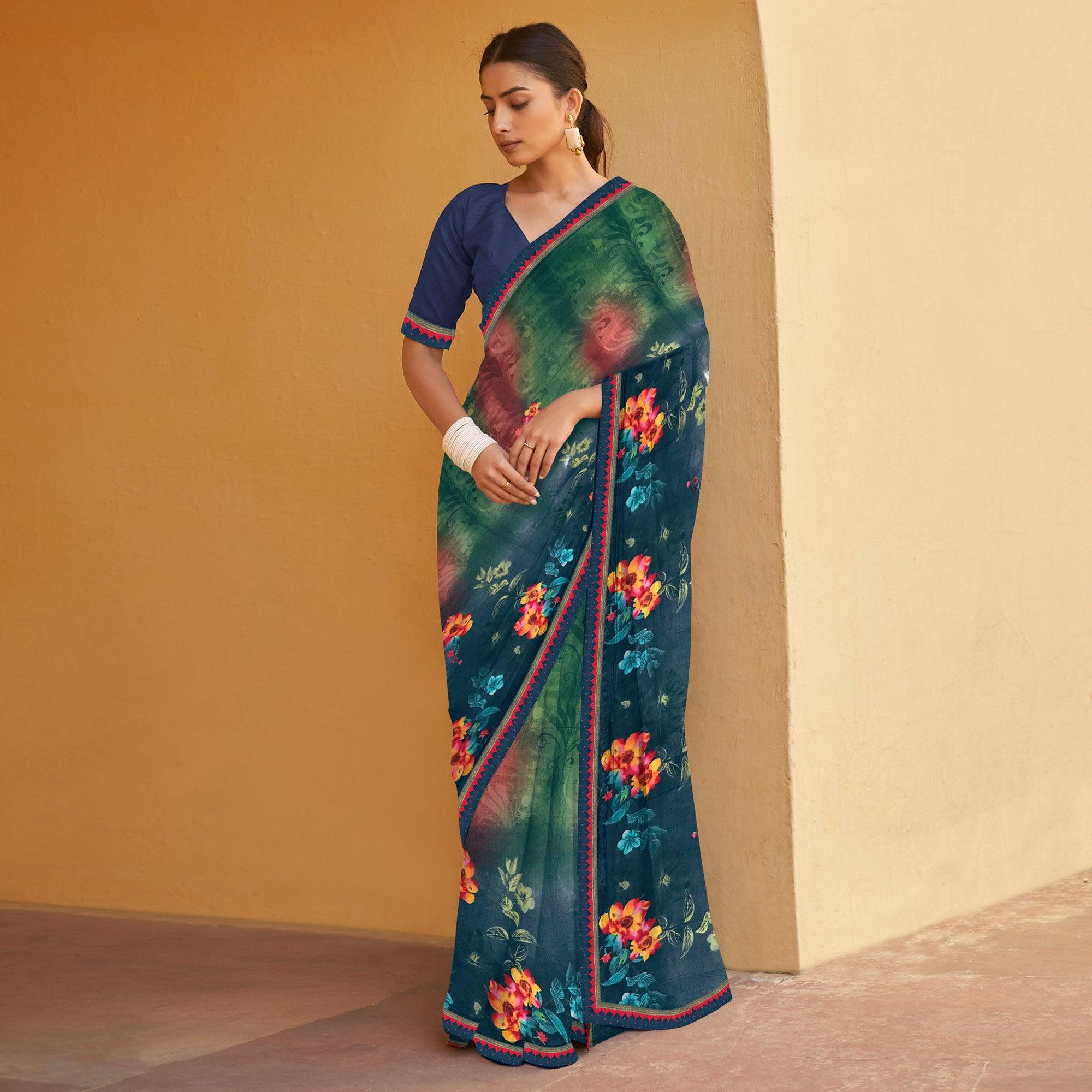 Green-Blue Printed Georgette Saree - Peachmode