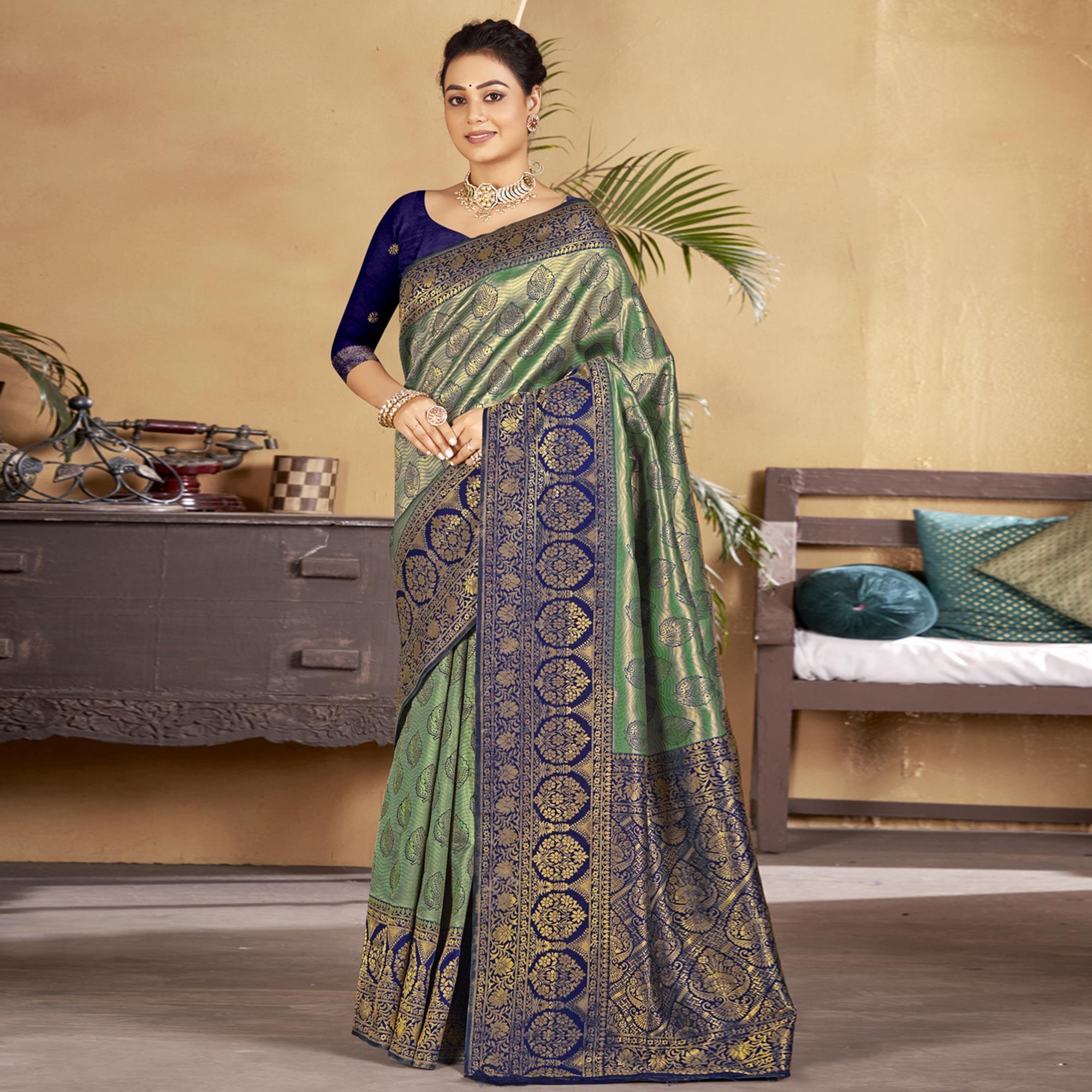 Green-Blue Woven Art Silk Saree - Peachmode