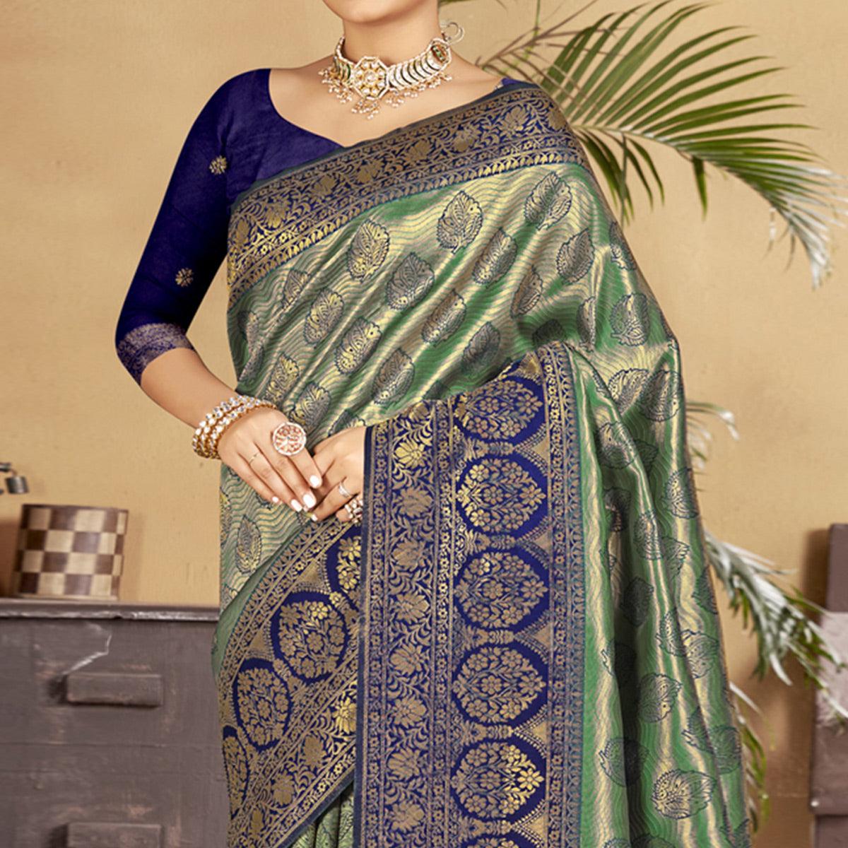Green-Blue Woven Art Silk Saree - Peachmode