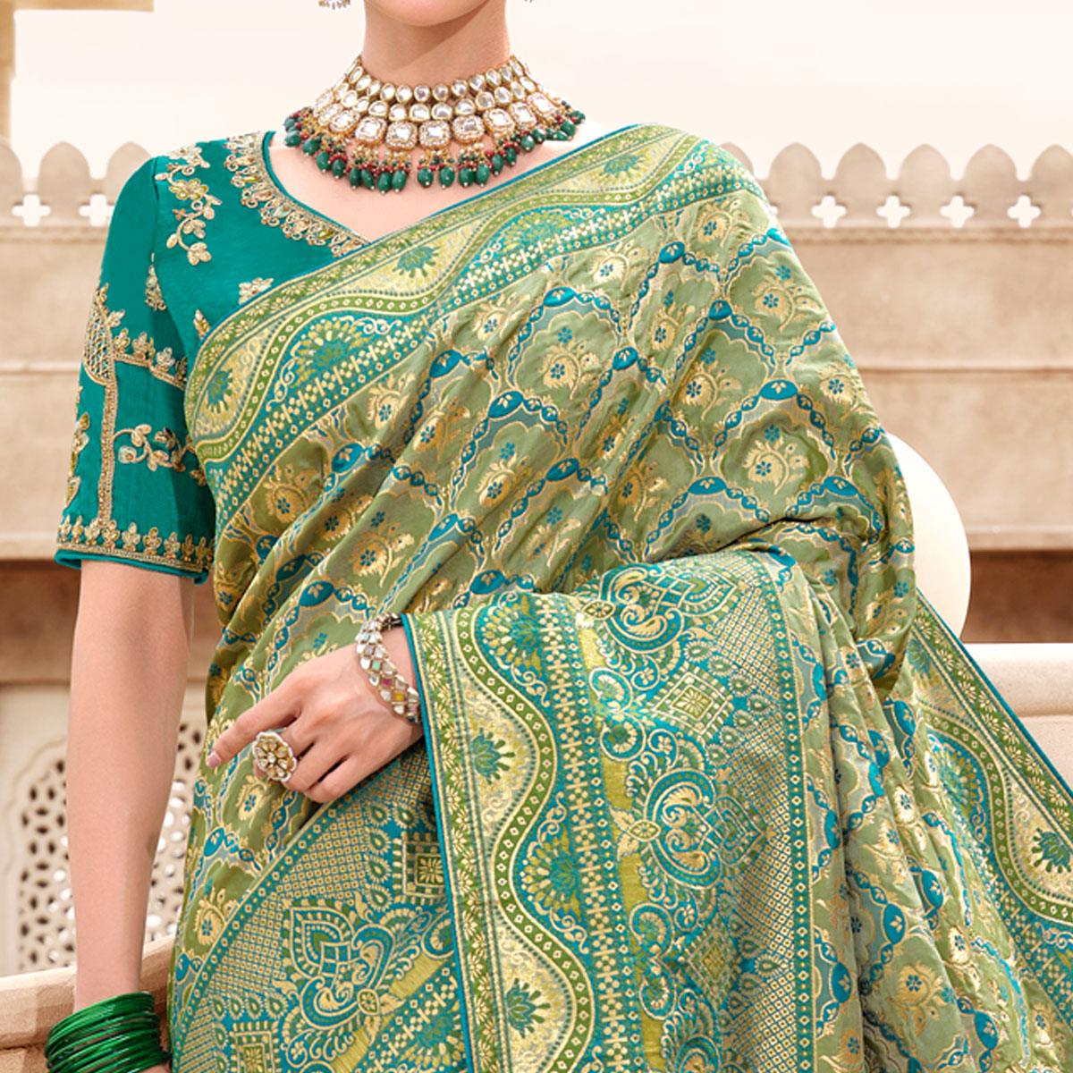 Green-Blue Woven Banarasi Silk Saree With Tassels - Peachmode