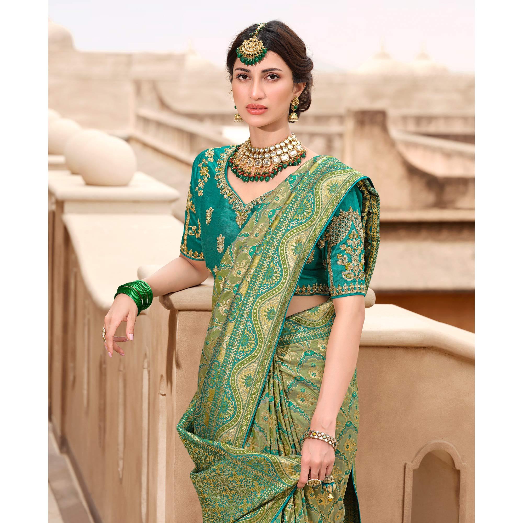 Green-Blue Woven Banarasi Silk Saree With Tassels - Peachmode