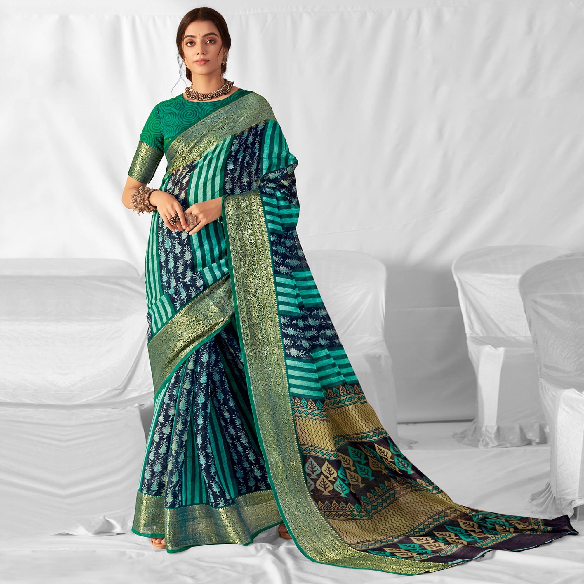 Green-Blue Woven-Printed Chanderi Saree - Peachmode