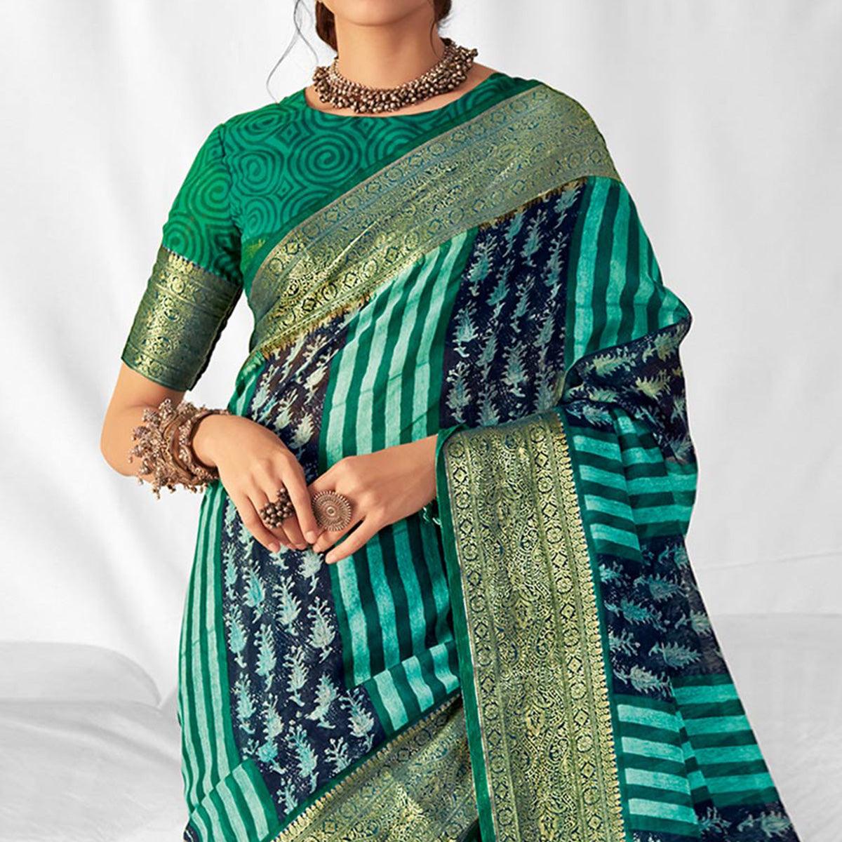 Green-Blue Woven-Printed Chanderi Saree - Peachmode