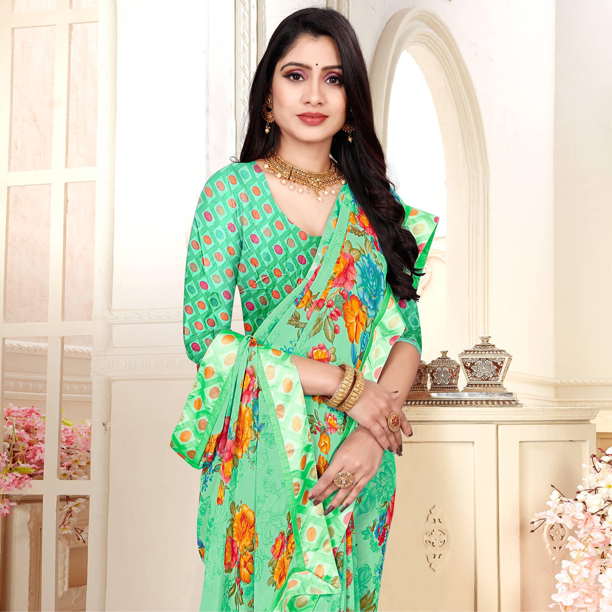 Green Casaul Wear Floral Printed Georgette Saree With Satin Lace - Peachmode