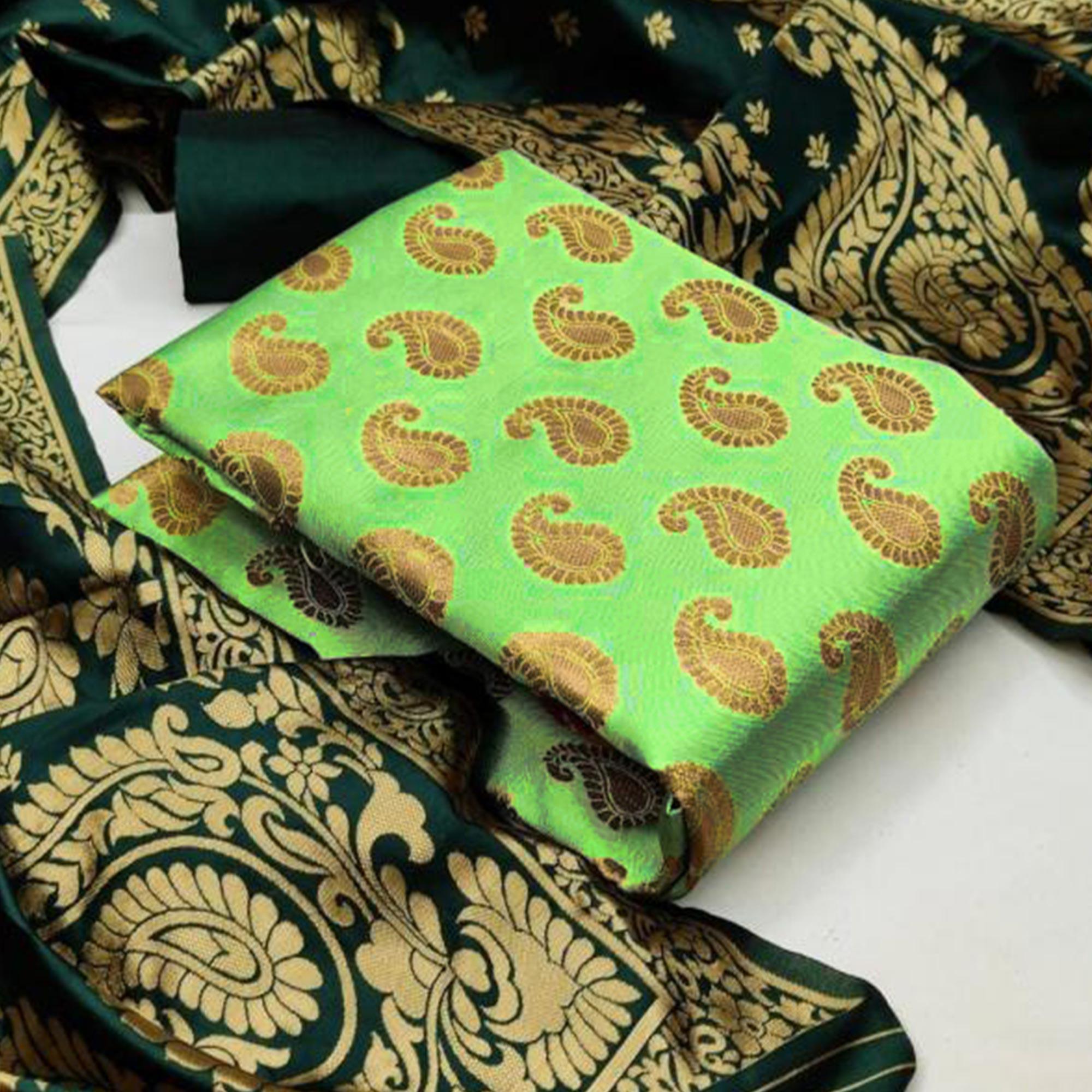 Green Casaul Wear Woven Banarasi Silk Dress Material - Peachmode