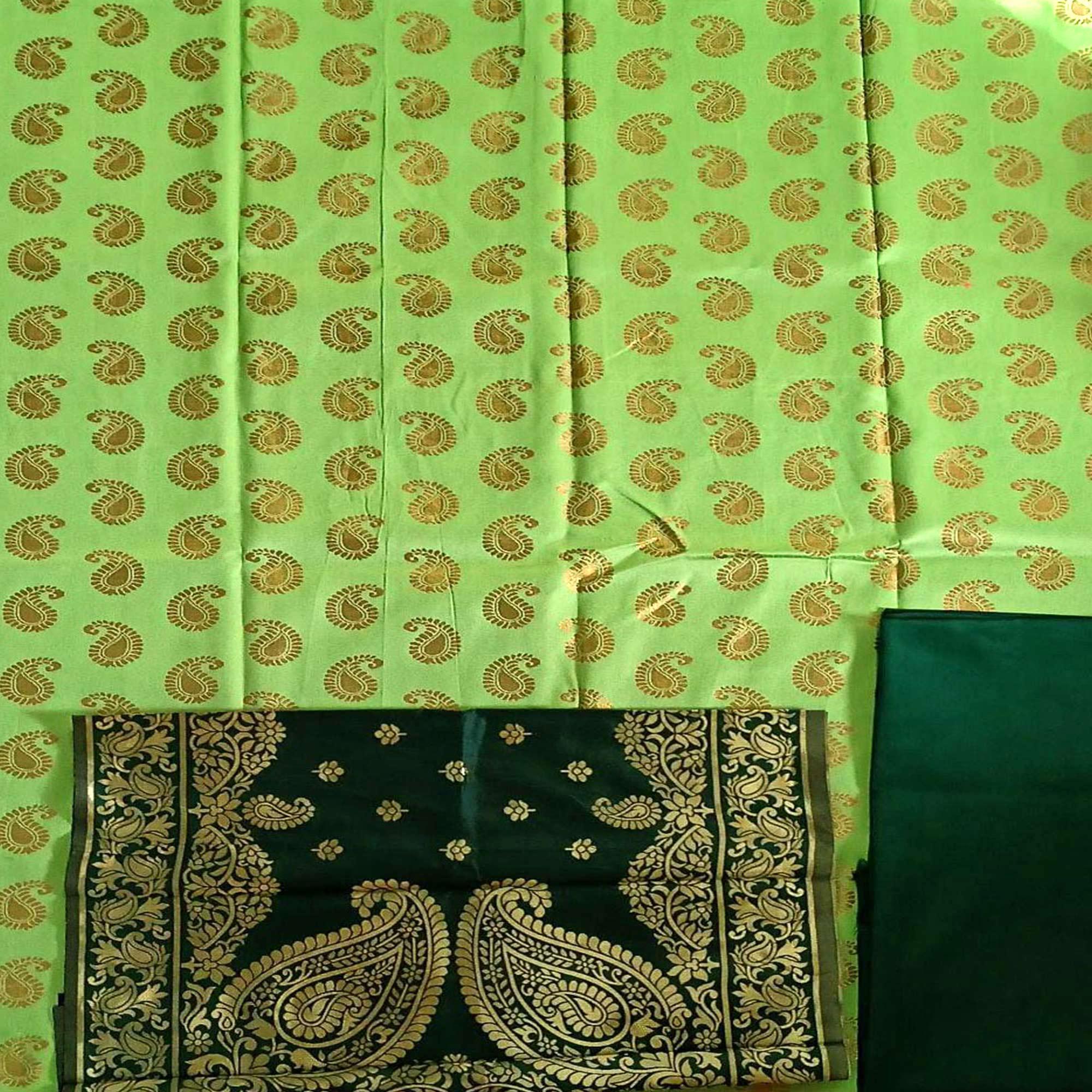 Green Casaul Wear Woven Banarasi Silk Dress Material - Peachmode