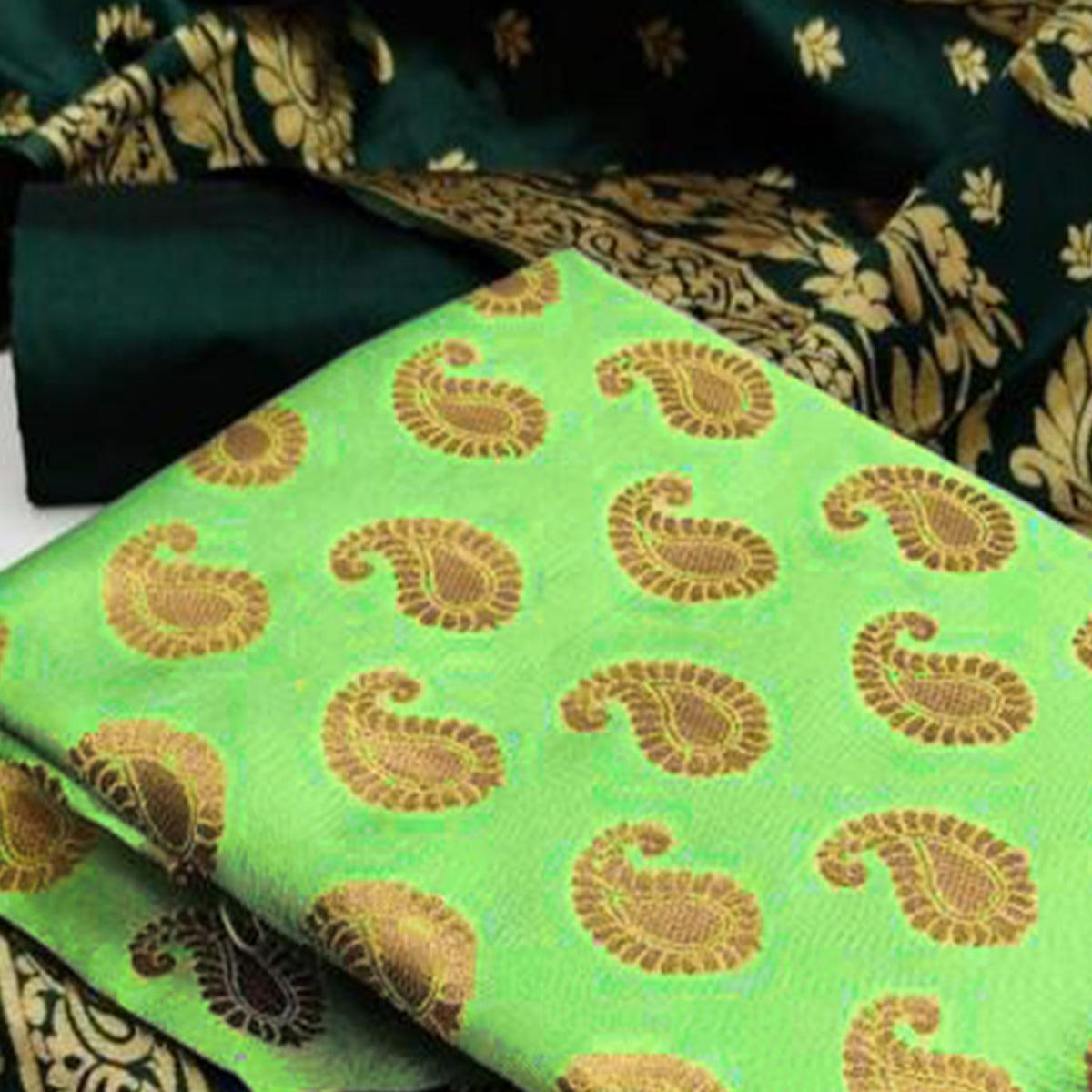 Green Casaul Wear Woven Banarasi Silk Dress Material - Peachmode