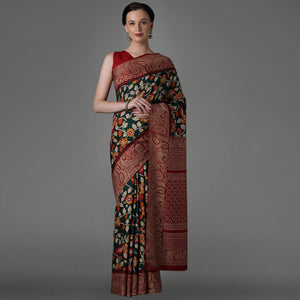 Green Casual Art Silk Printed Saree With Unstitched Blouse - Peachmode