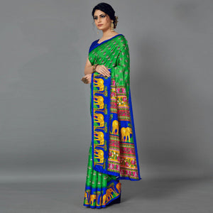 Green Casual Art Silk Printed Saree With Unstitched Blouse - Peachmode