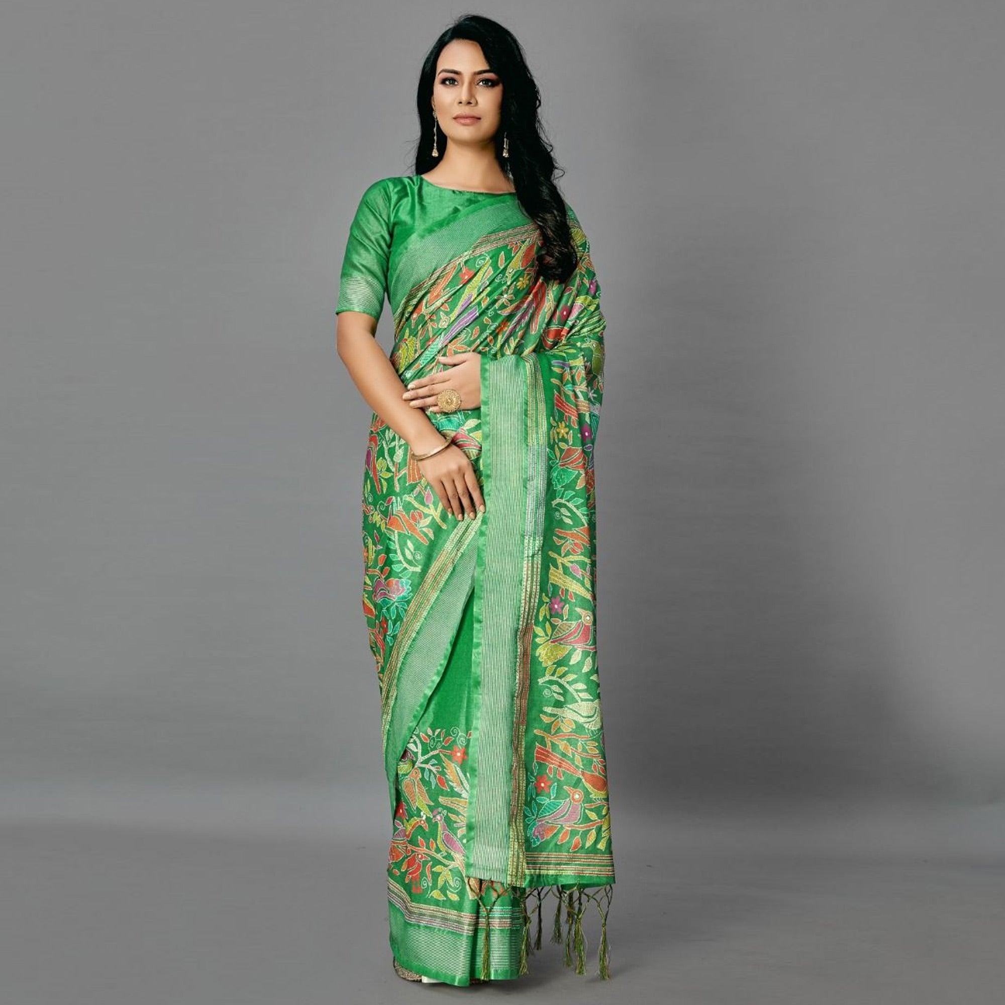 Green Casual Art Silk Printed Saree With Unstitched Blouse - Peachmode