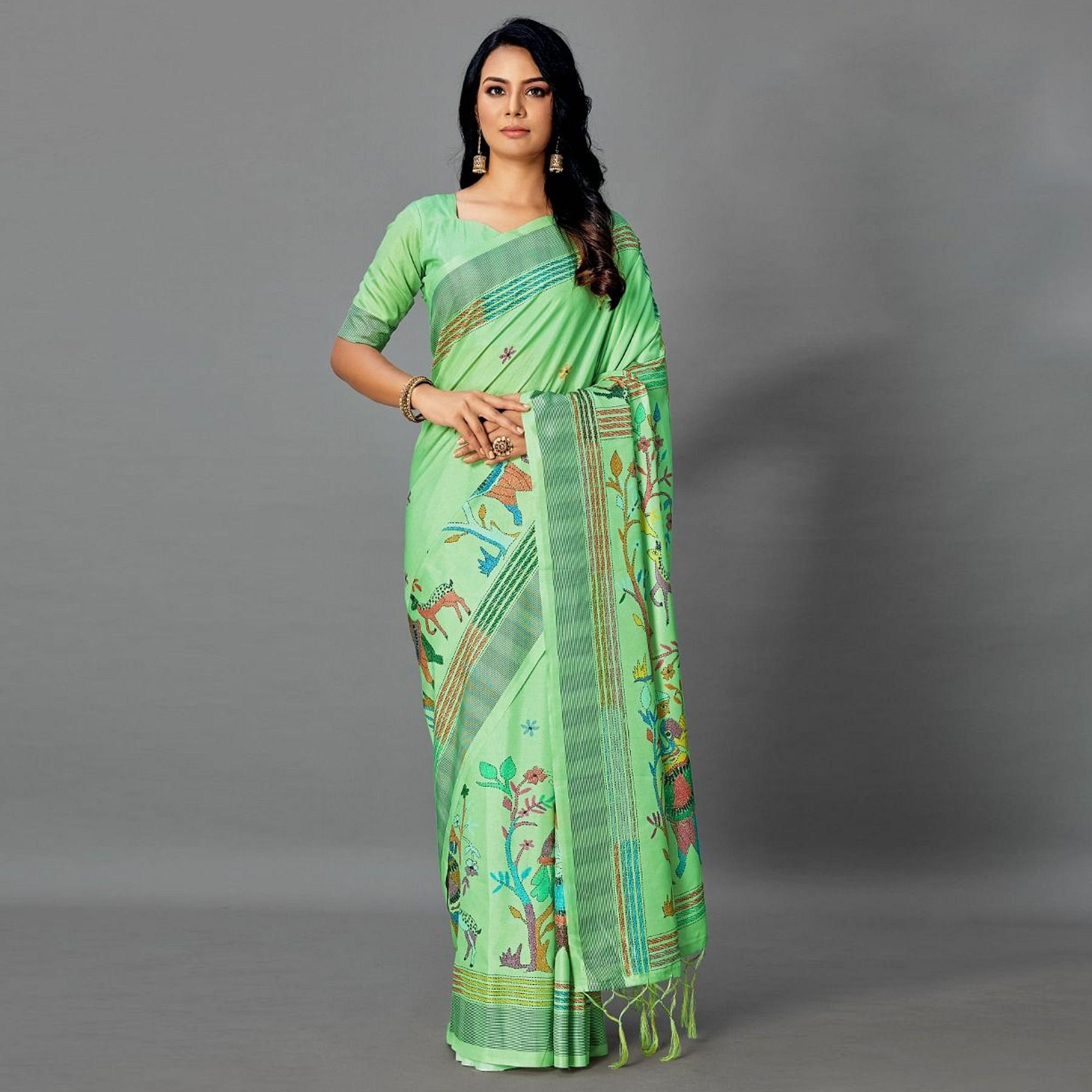 Green Casual Art Silk Printed Saree With Unstitched Blouse - Peachmode