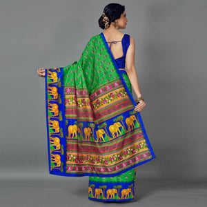 Green Casual Art Silk Printed Saree With Unstitched Blouse - Peachmode