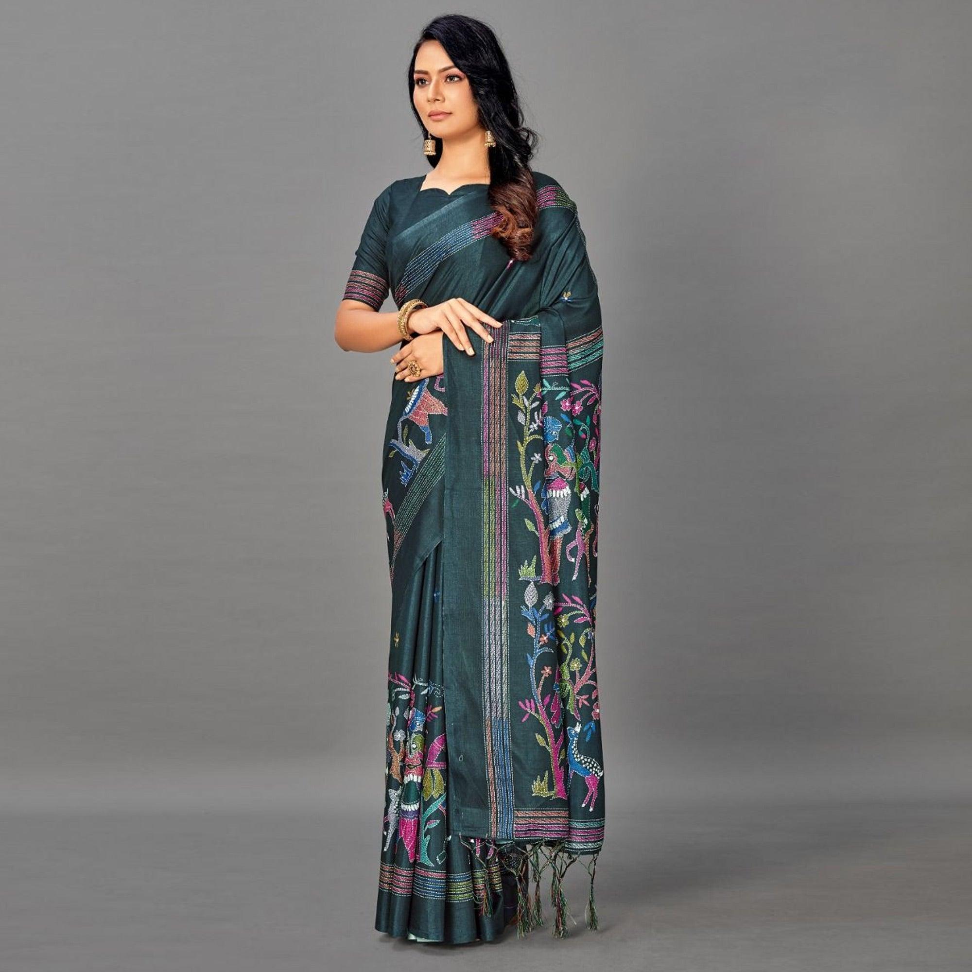 Green Casual Art Silk Printed Saree With Unstitched Blouse - Peachmode