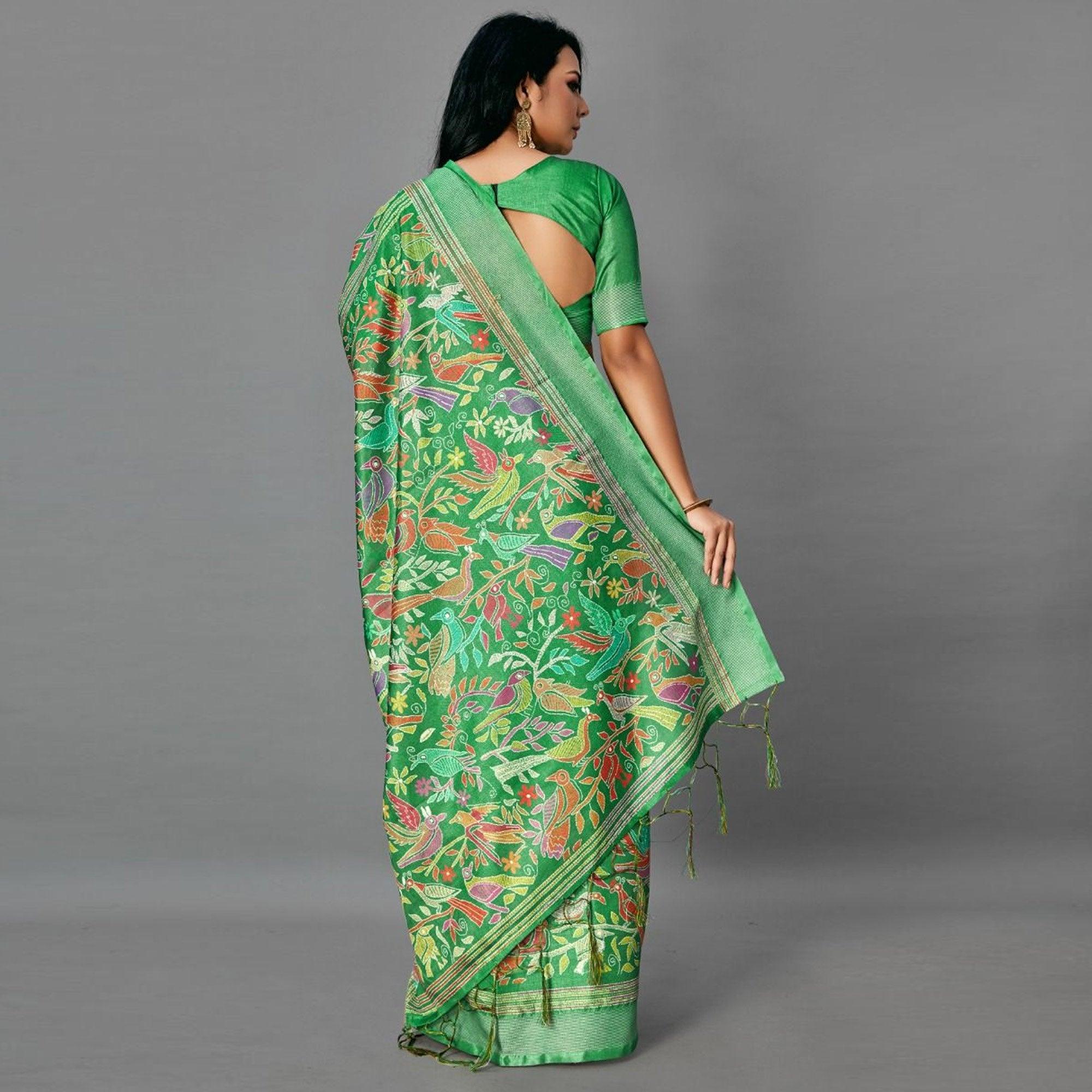 Green Casual Art Silk Printed Saree With Unstitched Blouse - Peachmode