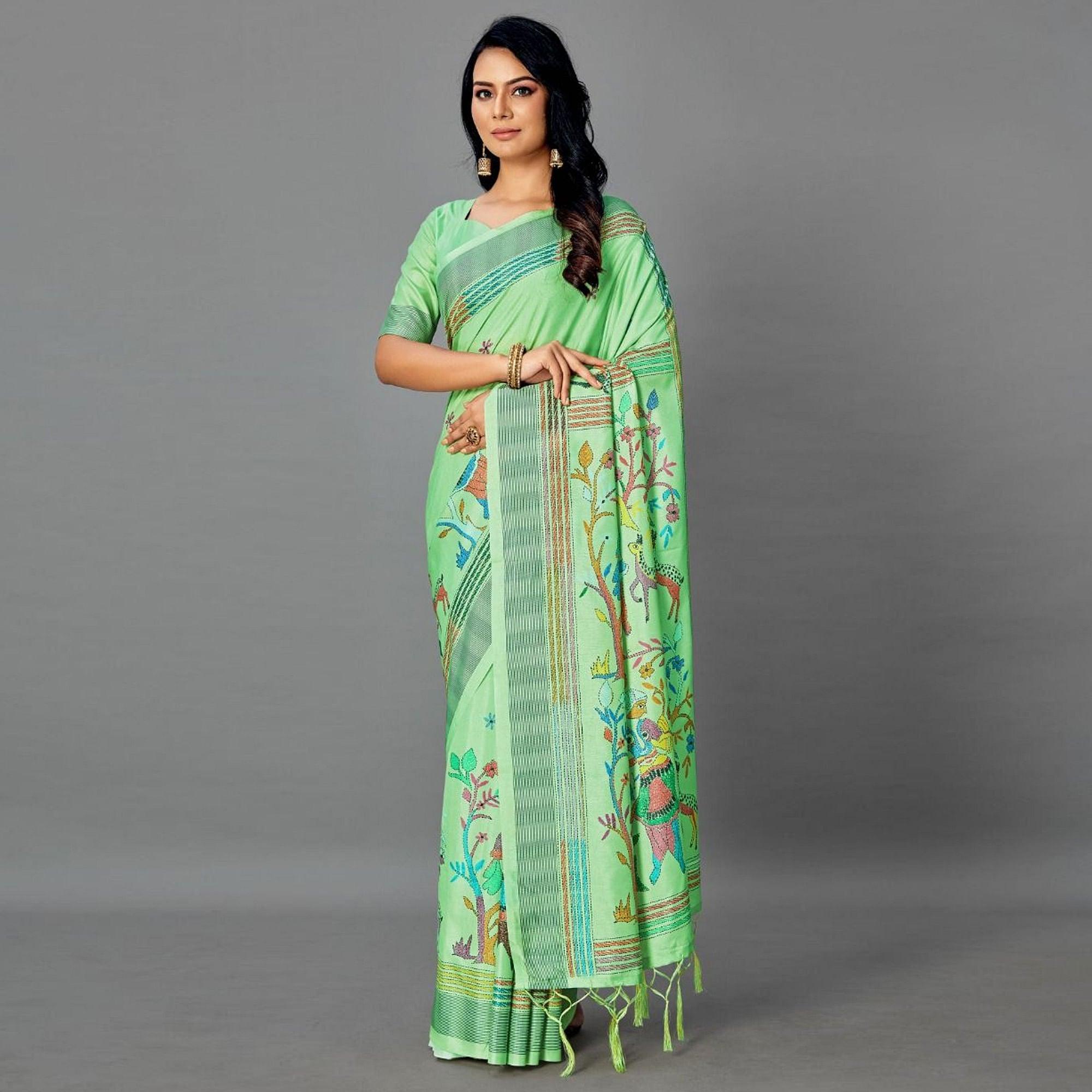 Green Casual Art Silk Printed Saree With Unstitched Blouse - Peachmode