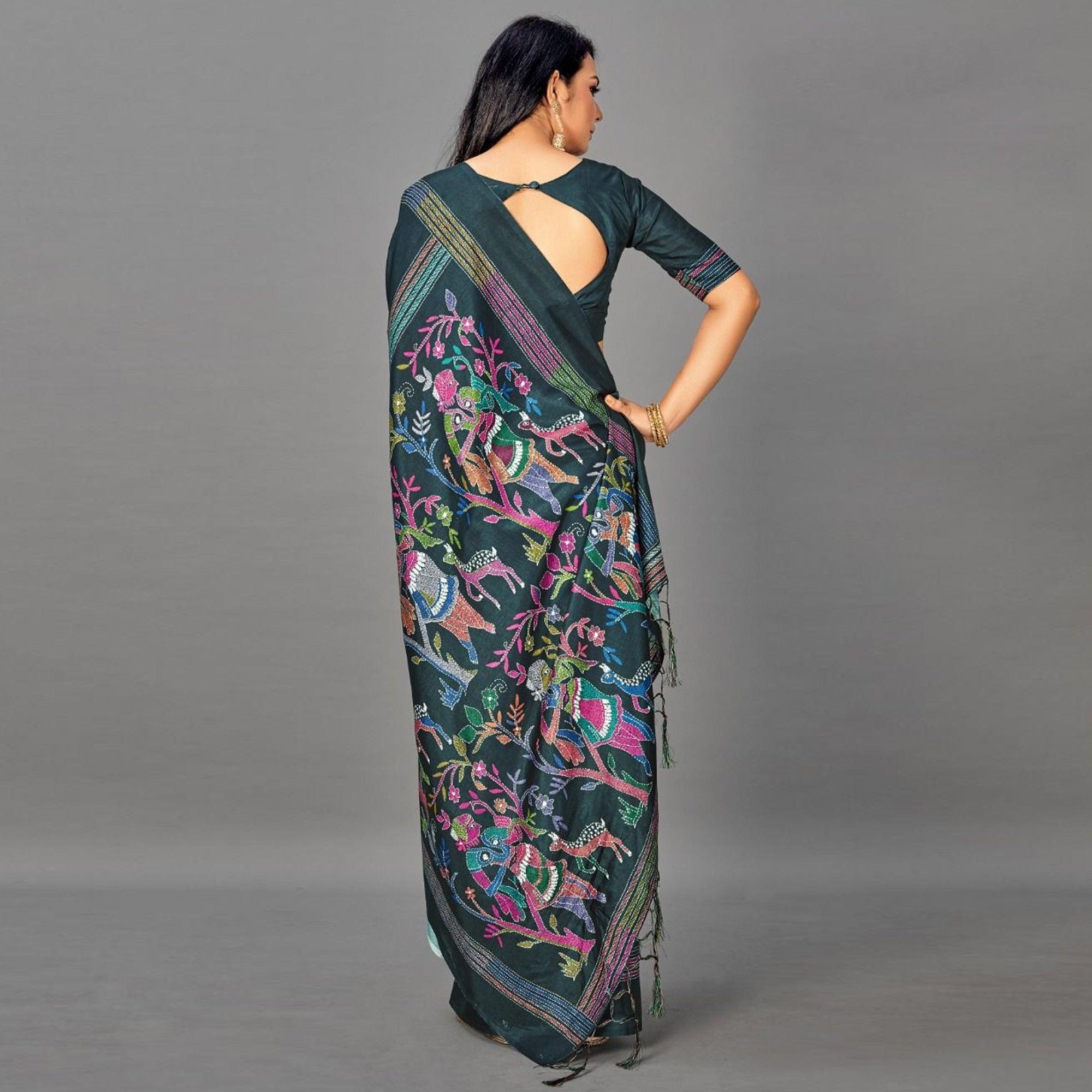 Green Casual Art Silk Printed Saree With Unstitched Blouse - Peachmode