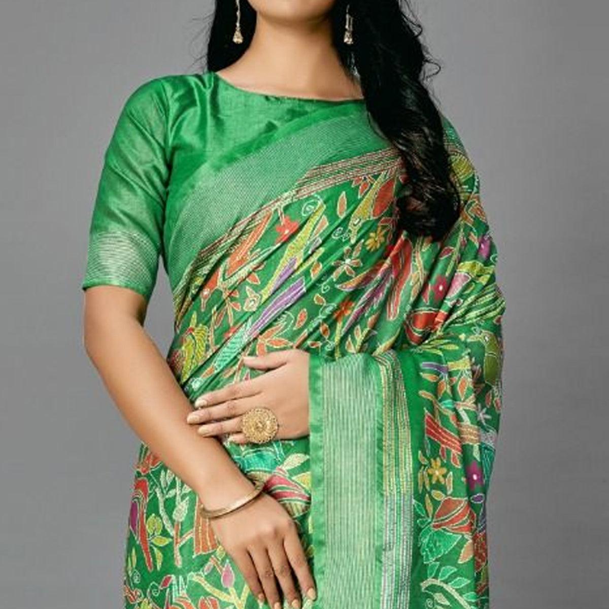 Green Casual Art Silk Printed Saree With Unstitched Blouse - Peachmode