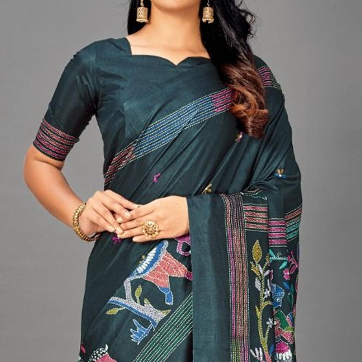 Green Casual Art Silk Printed Saree With Unstitched Blouse - Peachmode
