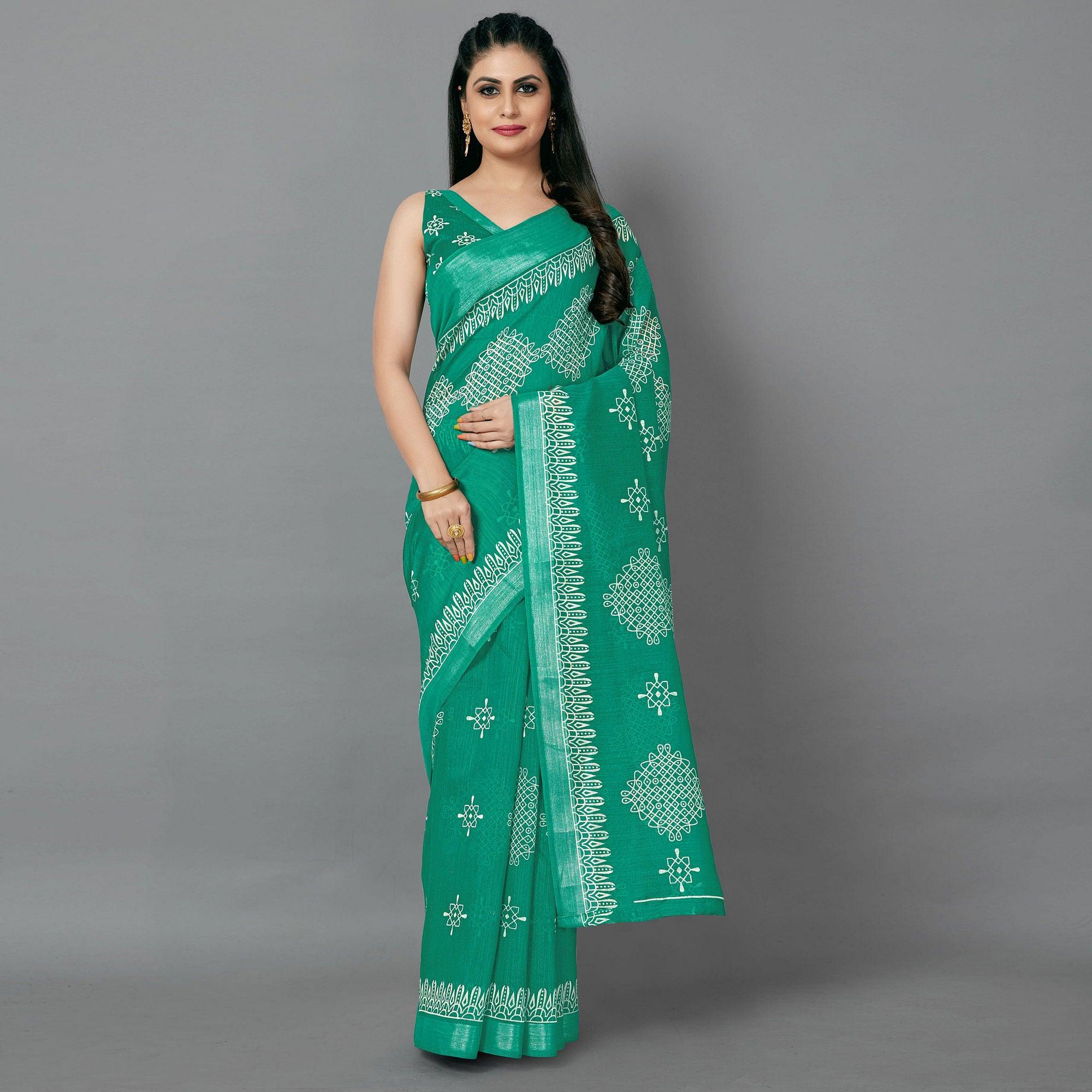 Green Casual Cotton Printed Saree With Unstitched Blouse - Peachmode