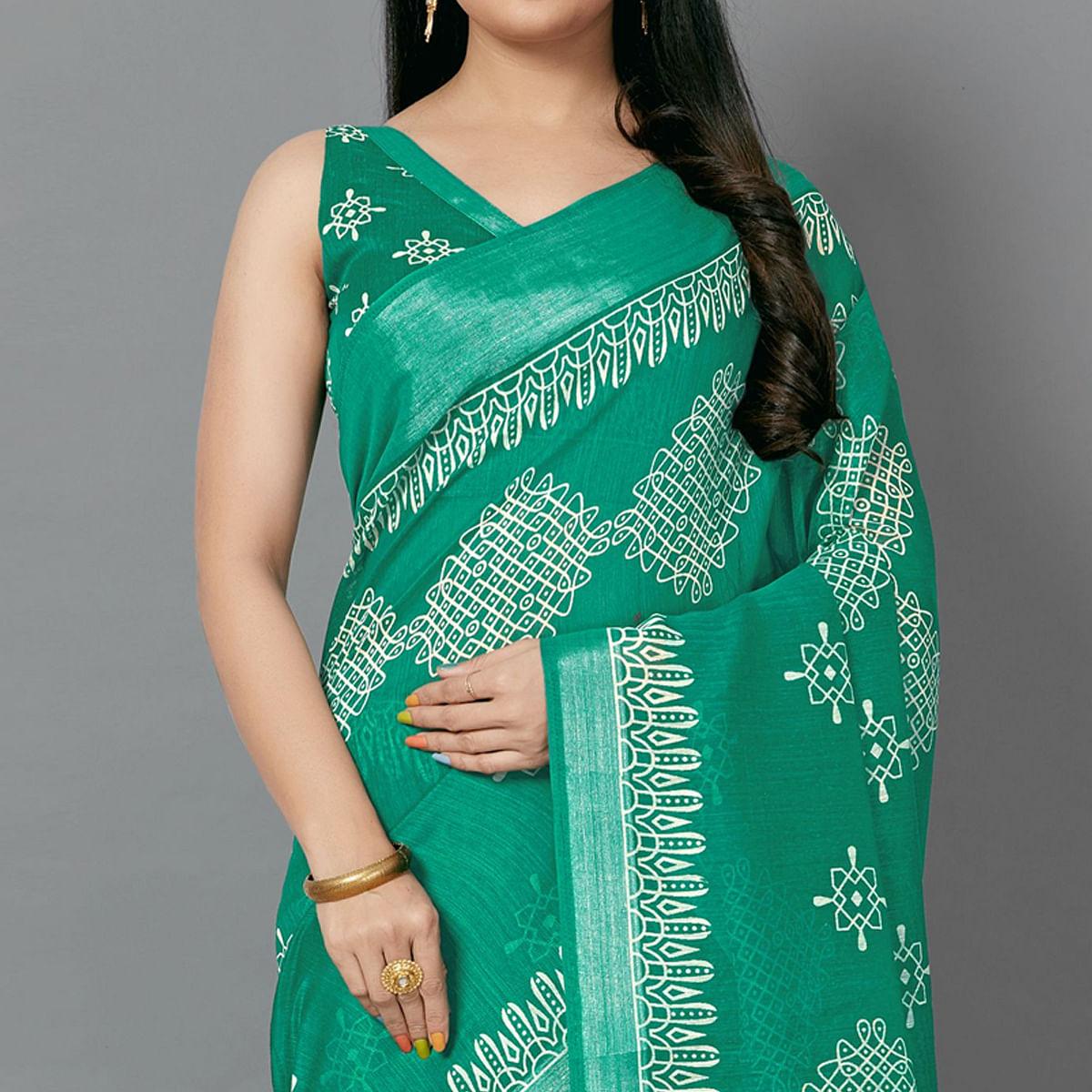 Green Casual Cotton Printed Saree With Unstitched Blouse - Peachmode