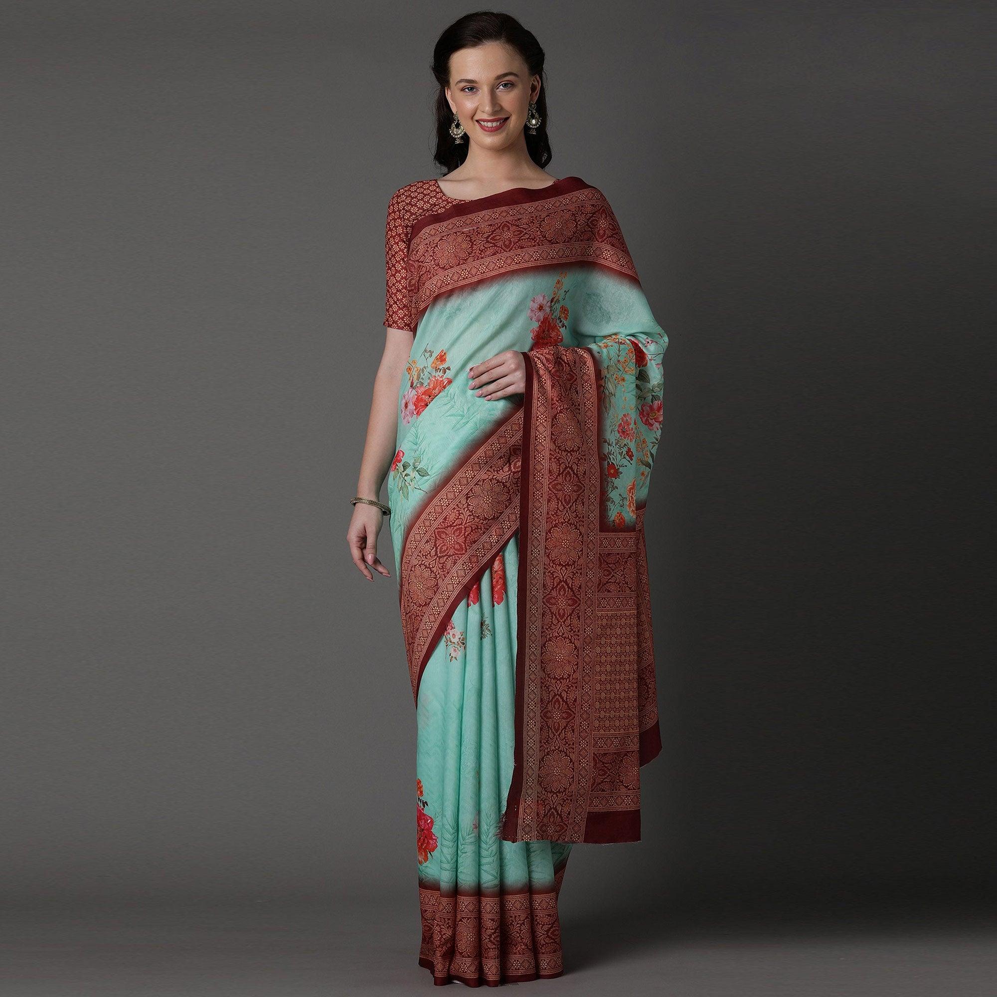 Green Casual Cotton Silk Printed Saree With Unstitched Blouse - Peachmode
