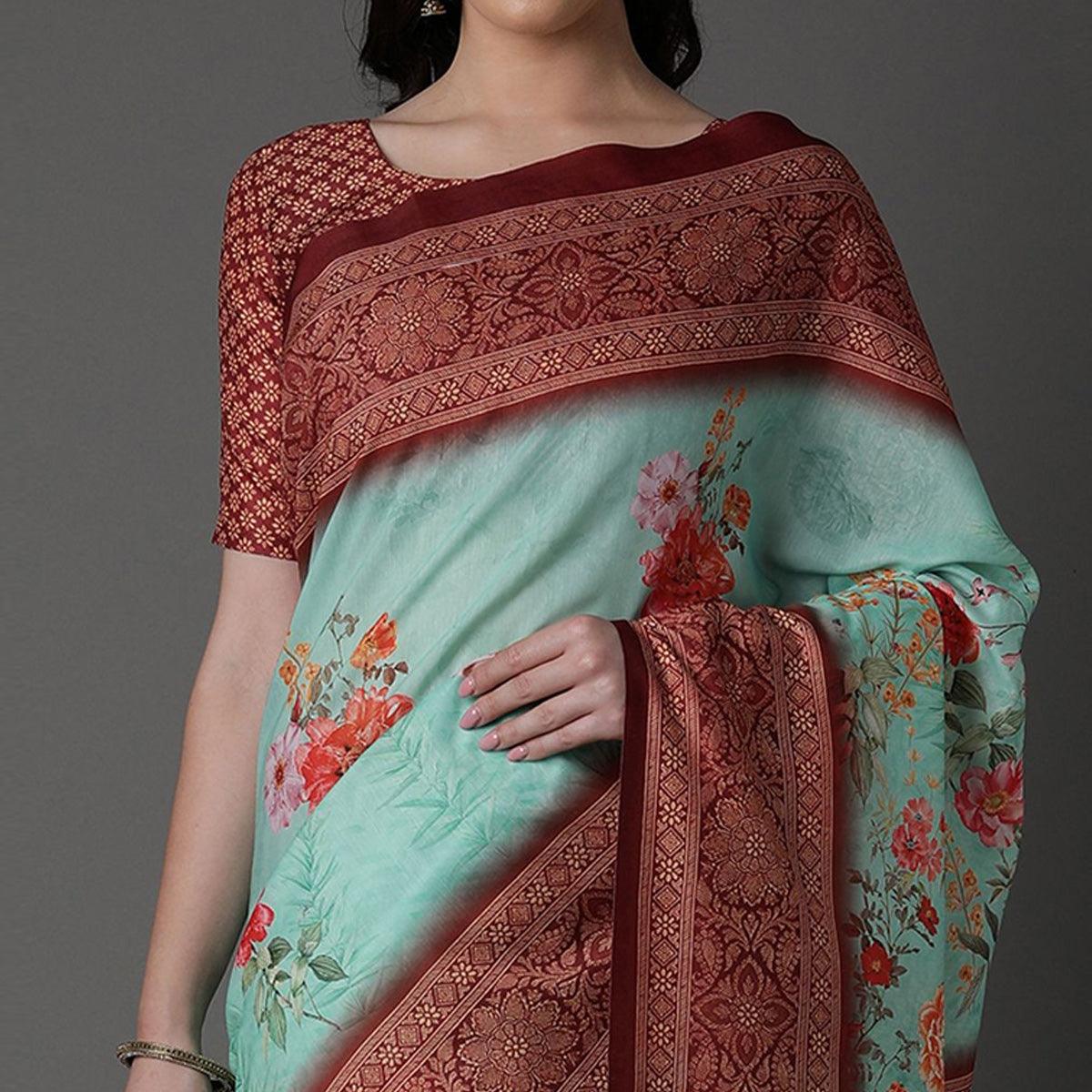 Green Casual Cotton Silk Printed Saree With Unstitched Blouse - Peachmode