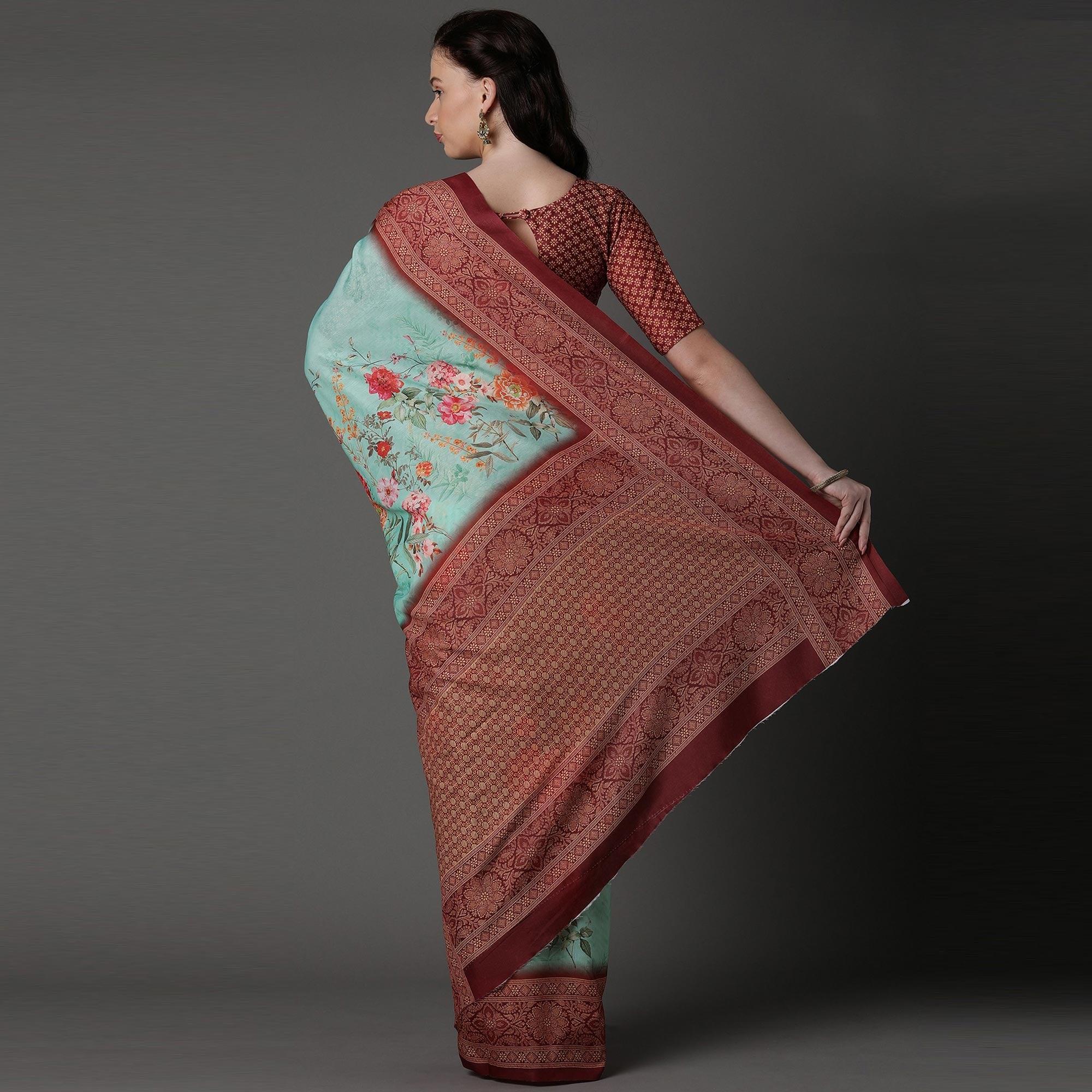 Green Casual Cotton Silk Printed Saree With Unstitched Blouse - Peachmode
