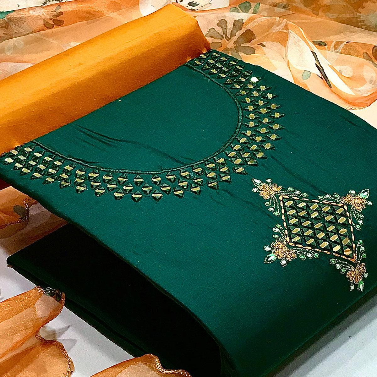 Green Casual Embroidered Thread & Mirror Work Cotton Dress Material - Peachmode