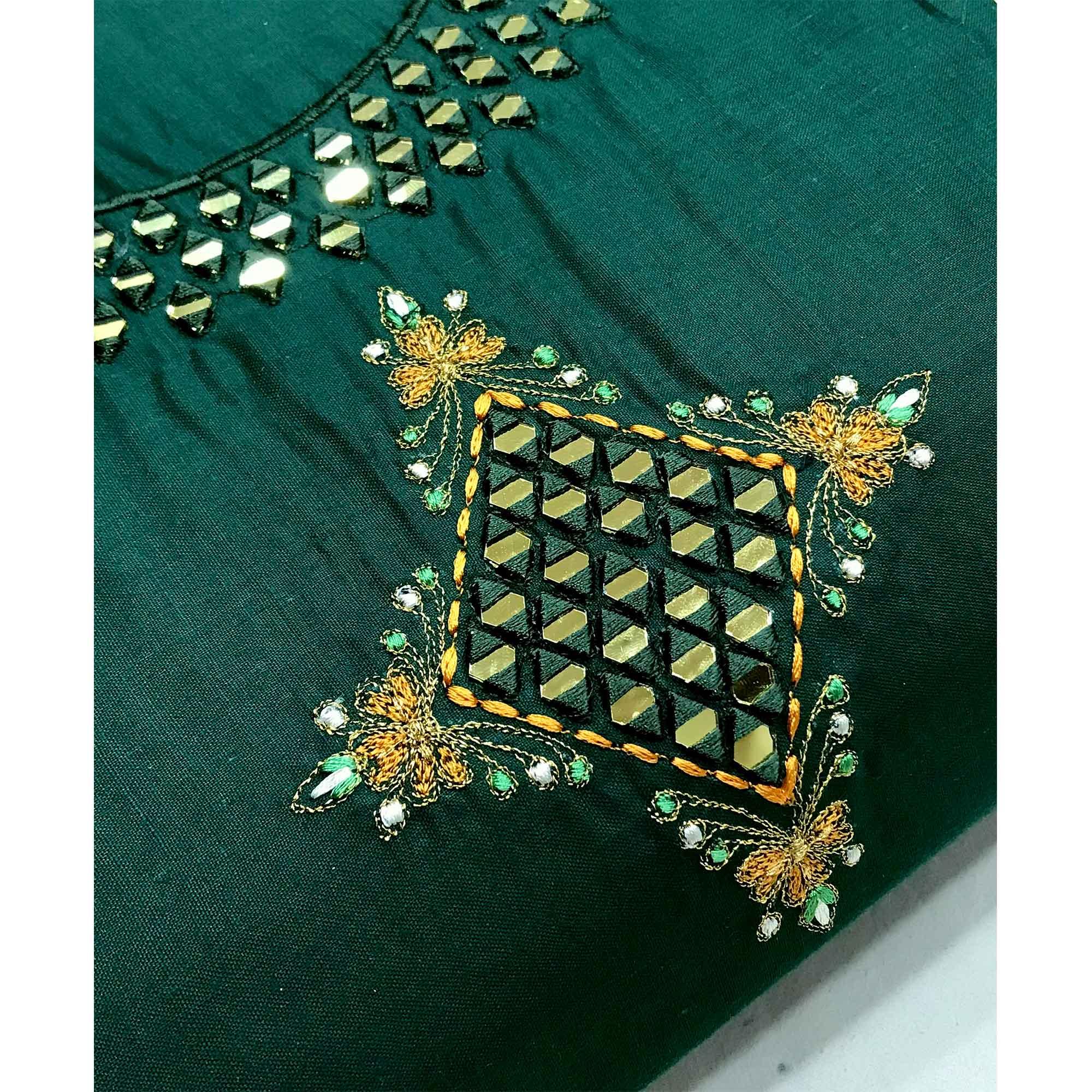 Green Casual Embroidered Thread & Mirror Work Cotton Dress Material - Peachmode