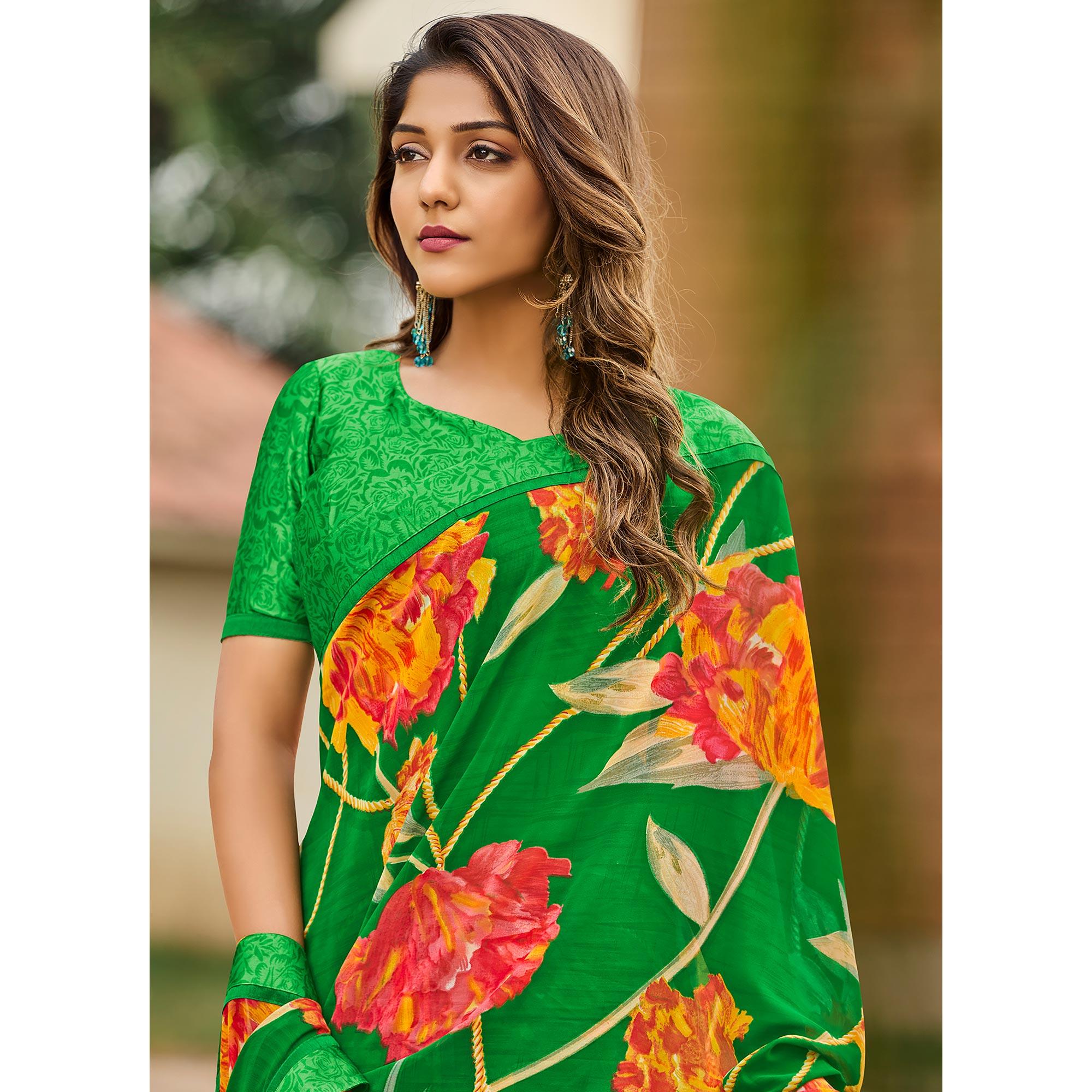Green Casual Floral Printed Georgette Saree - Peachmode