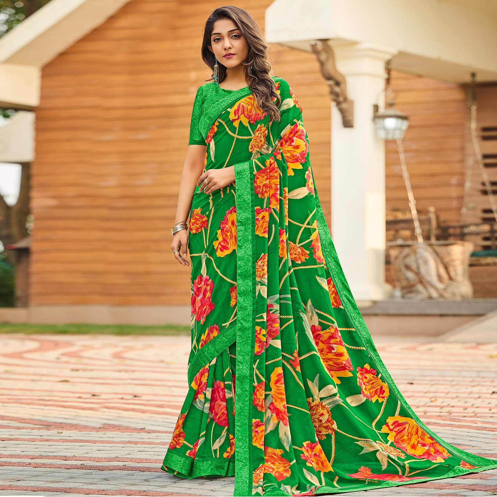 Green Casual Floral Printed Georgette Saree - Peachmode