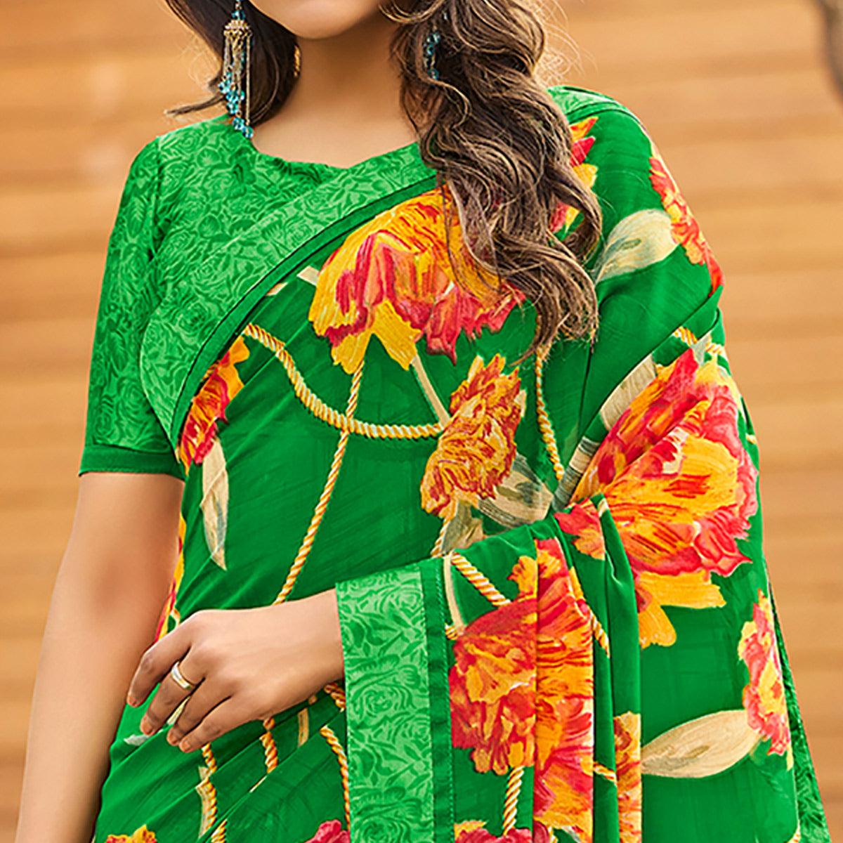 Green Casual Floral Printed Georgette Saree - Peachmode