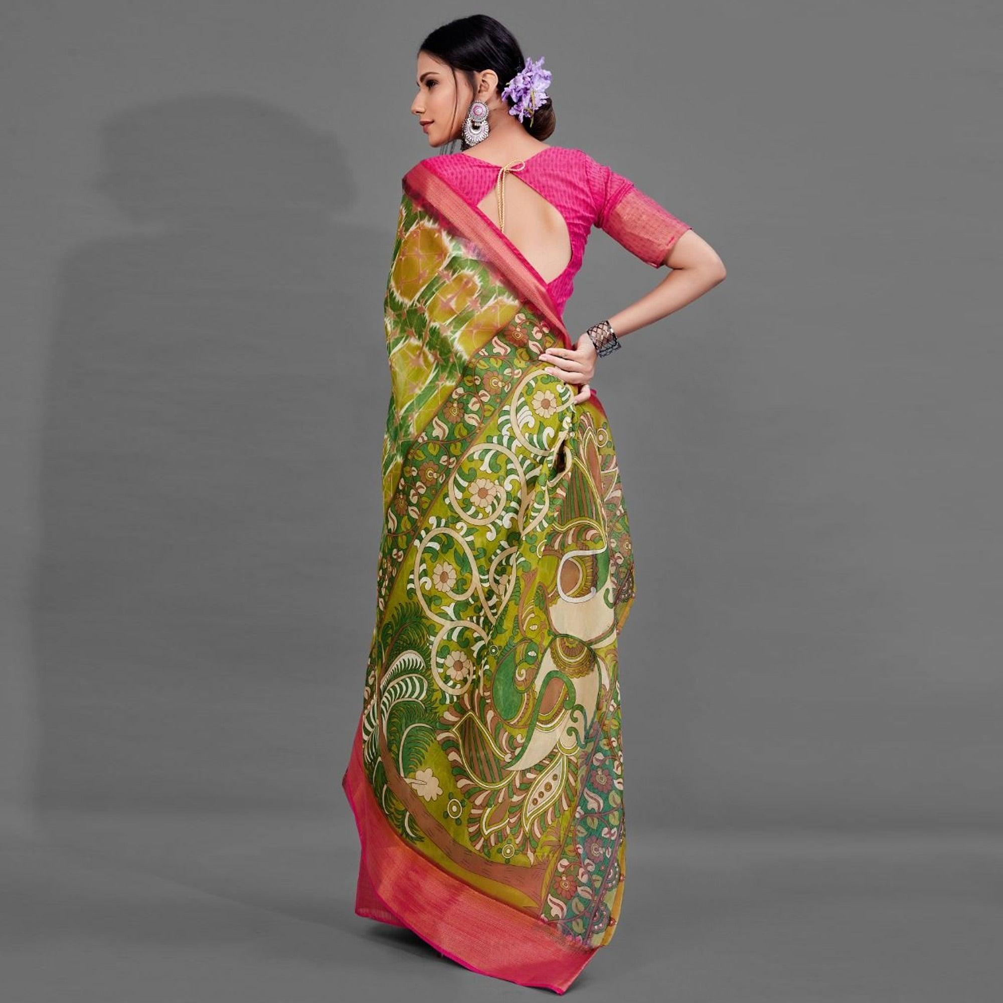 Green Casual Linen Printed Saree With Unstitched Blouse - Peachmode