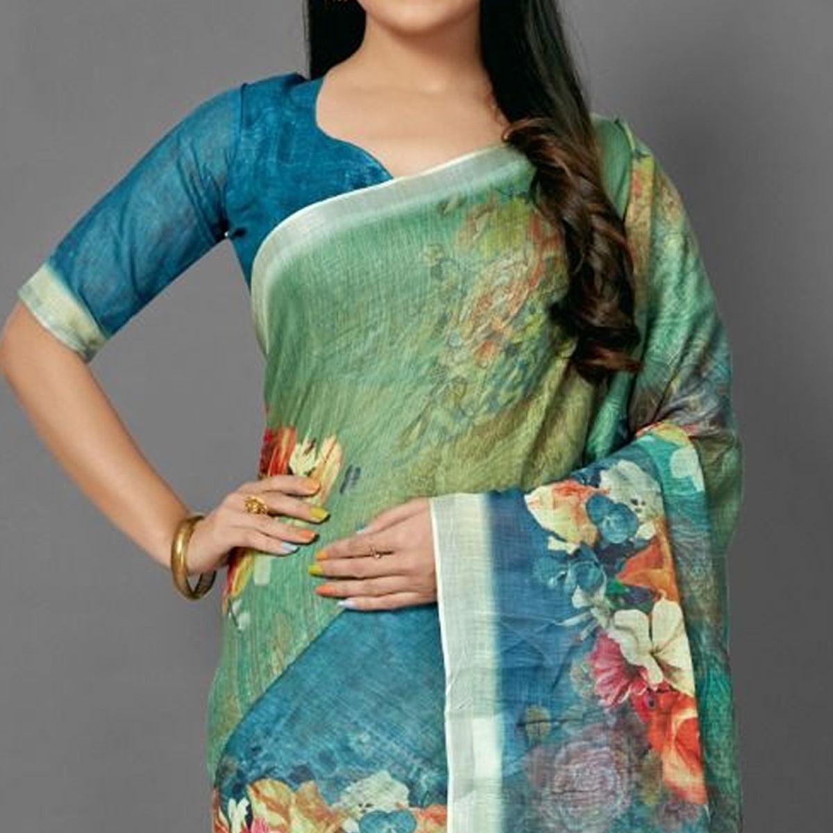 Green Casual Pure Linen Digital Print Saree With Unstitched Blouse - Peachmode